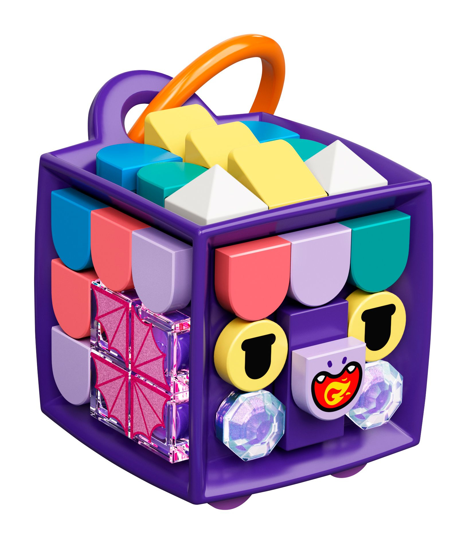 Giocattolo a forma di cubo viola con forme colorate, una maniglia e una faccia. Le forme includono giallo, bianco, blu, rosa e verde.