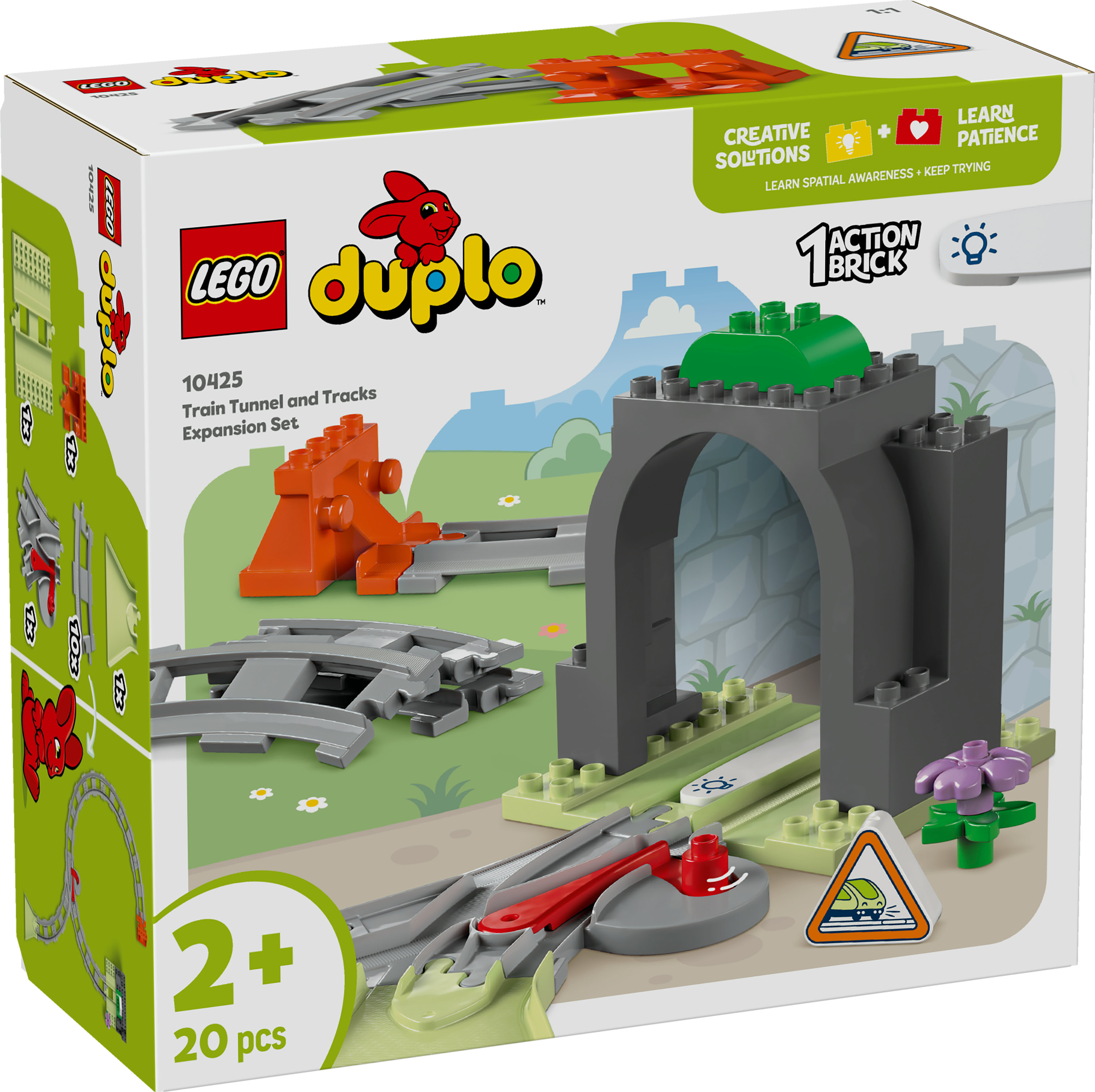 Pudełko LEGO Duplo. Pokazuje zestaw rozszerzający tunel i tory kolejowe. Ma szary tunel i tory kolejowe.