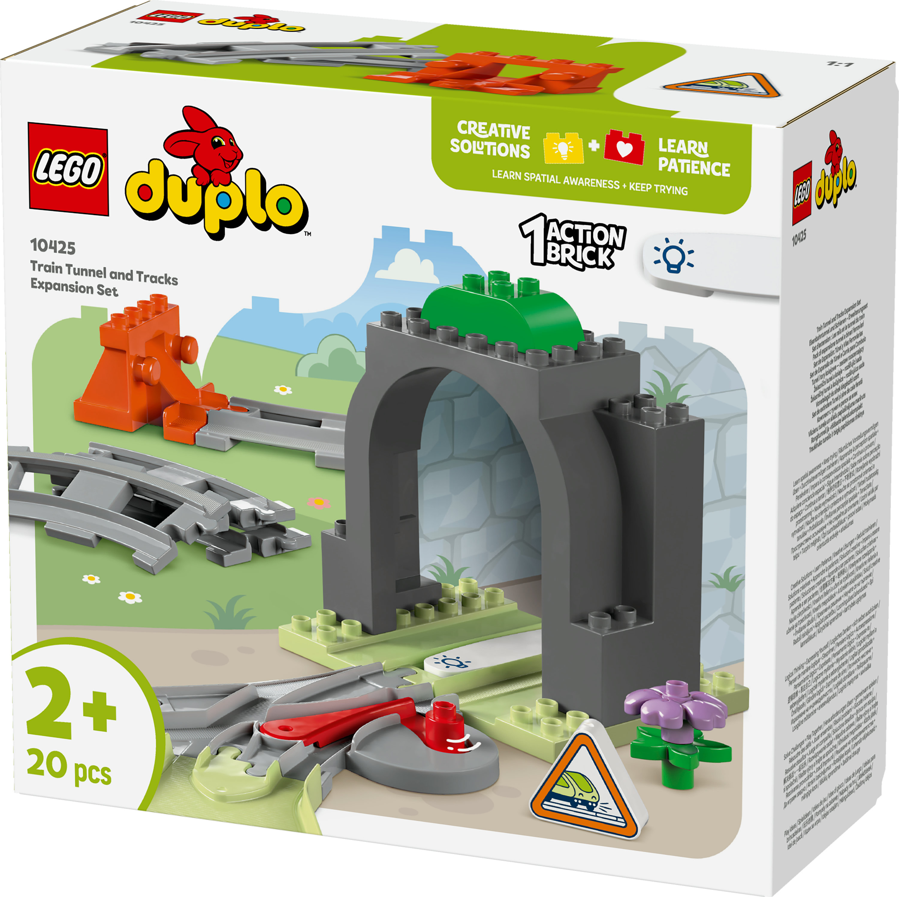 Pudełko przedstawia zestaw pociągów LEGO Duplo. Ma tory, tunel i pomarańczowy most.