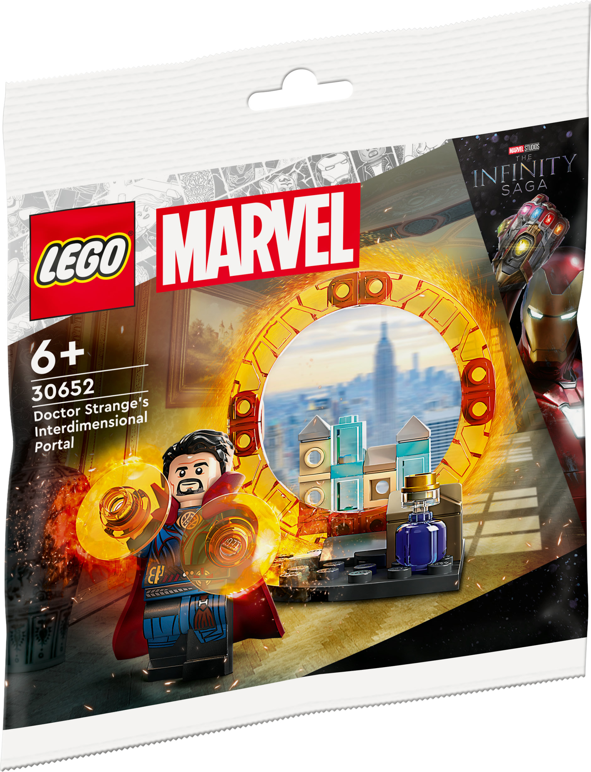 Lego Marvel set. Doctor Strange met portaal en stadsgezicht. Inclusief Iron Man en Infinity Saga branding.