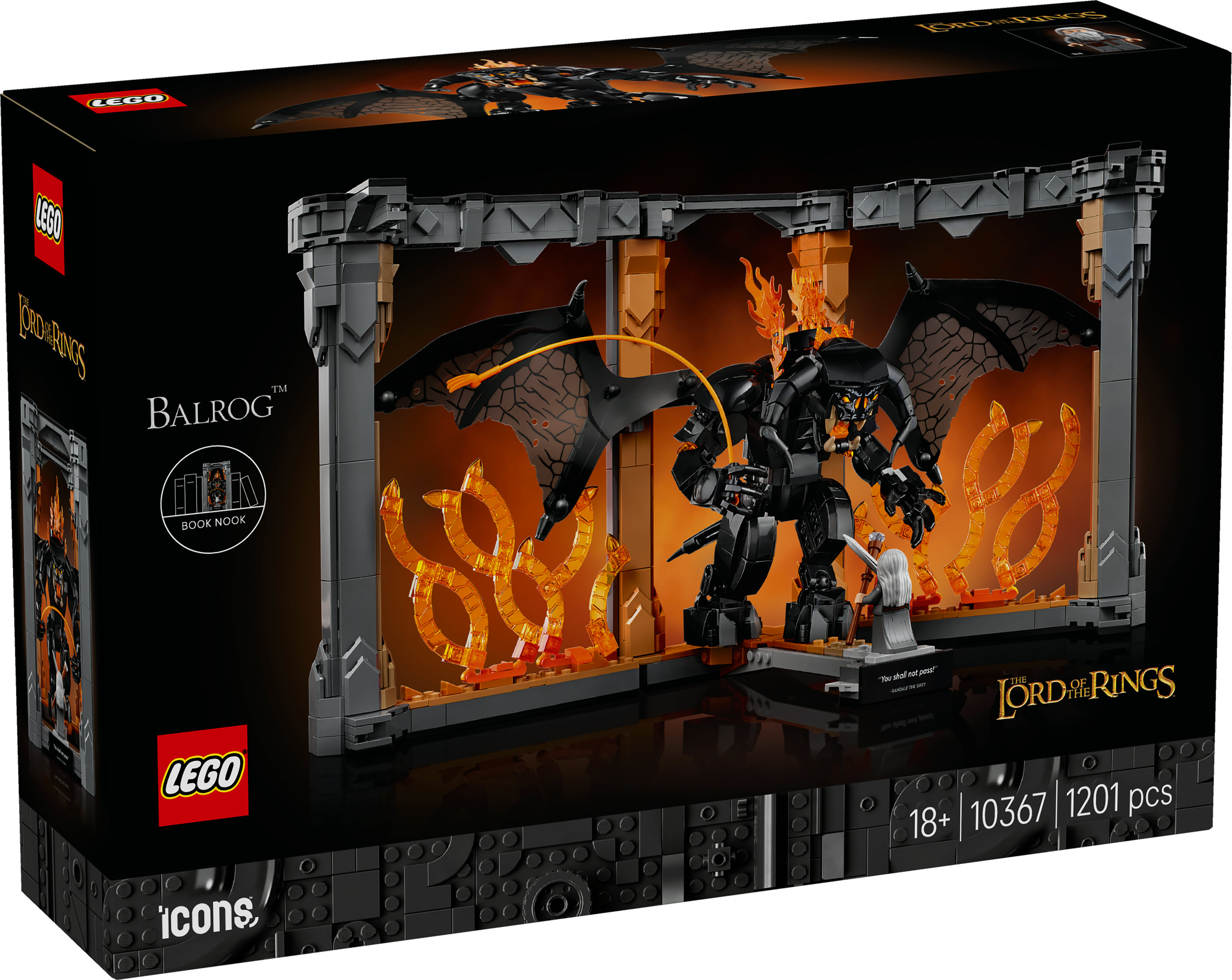 Zestaw Lego: Balrog z Władcy Pierścieni. Czarne pudełko z modelem w środku. Figurki Balroga i Gandalfa z płomieniami.