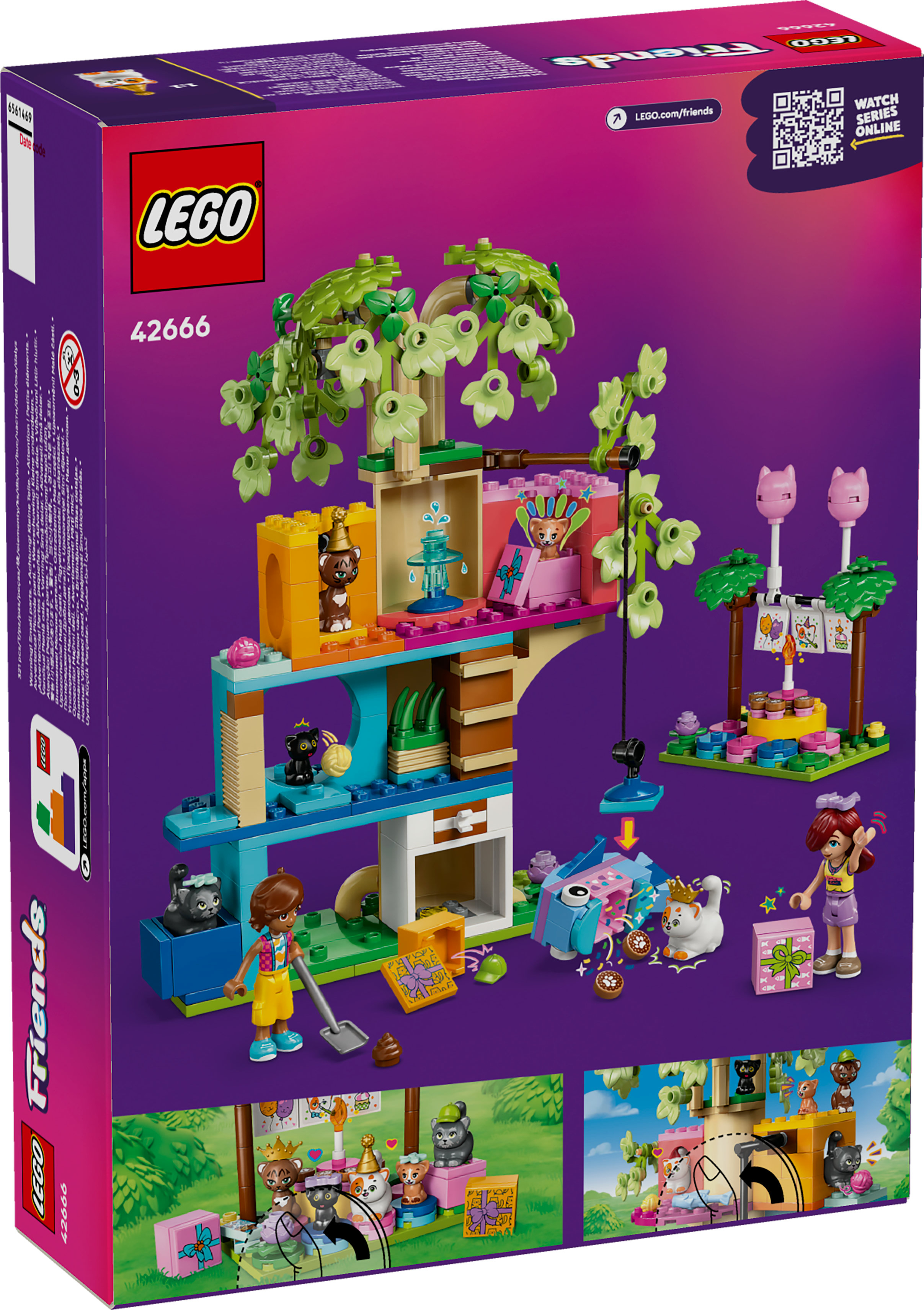 Pudełko zestawu Lego Friends z zestawem do zabawy o tematyce kotów, z kotami, drzewami i elementami imprezowymi.