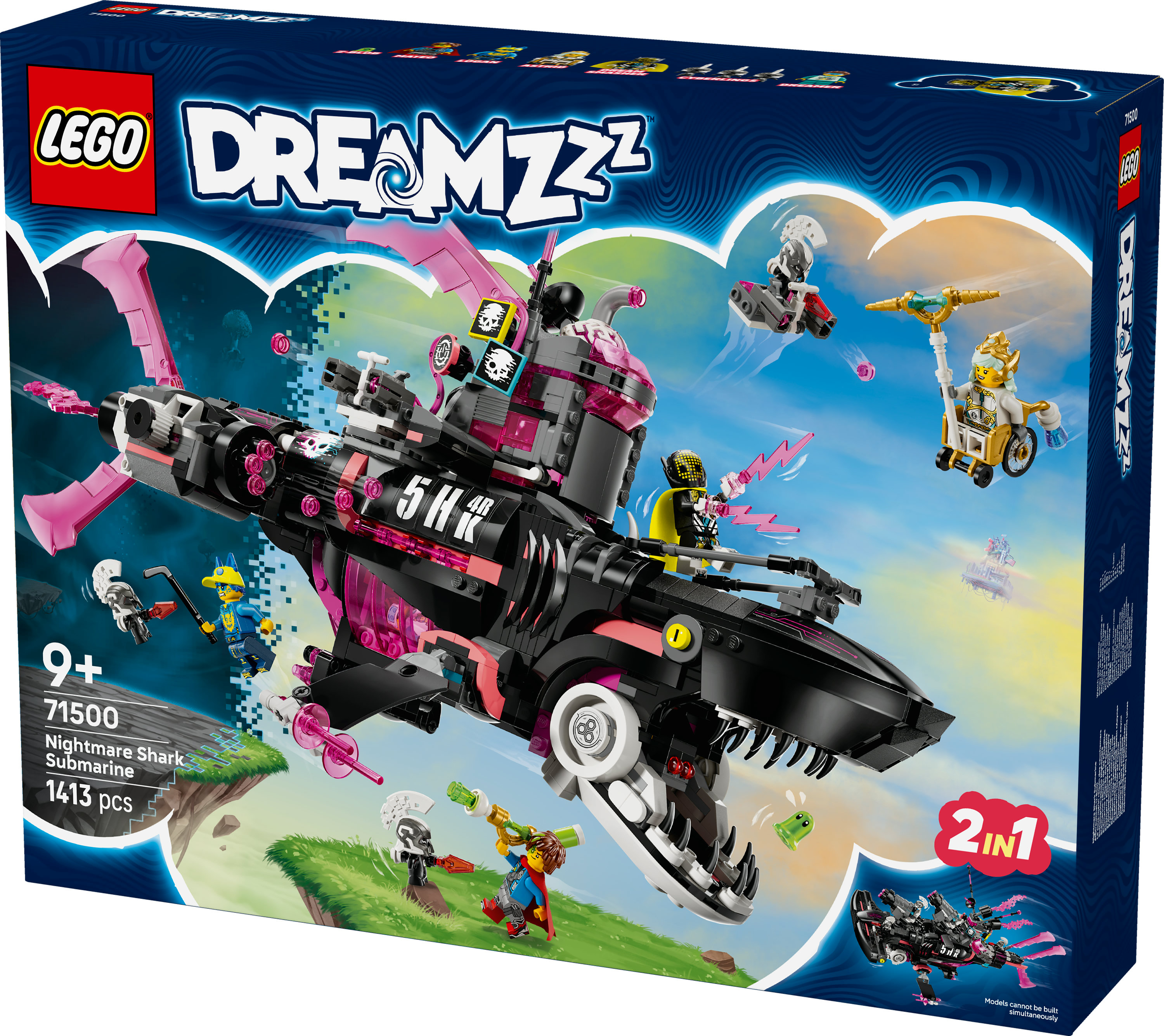 Opakowanie zestawu Lego Dreamzzz 71500. Przedstawia czarną i różową łódź podwodną w kształcie rekina z minifigurkami.