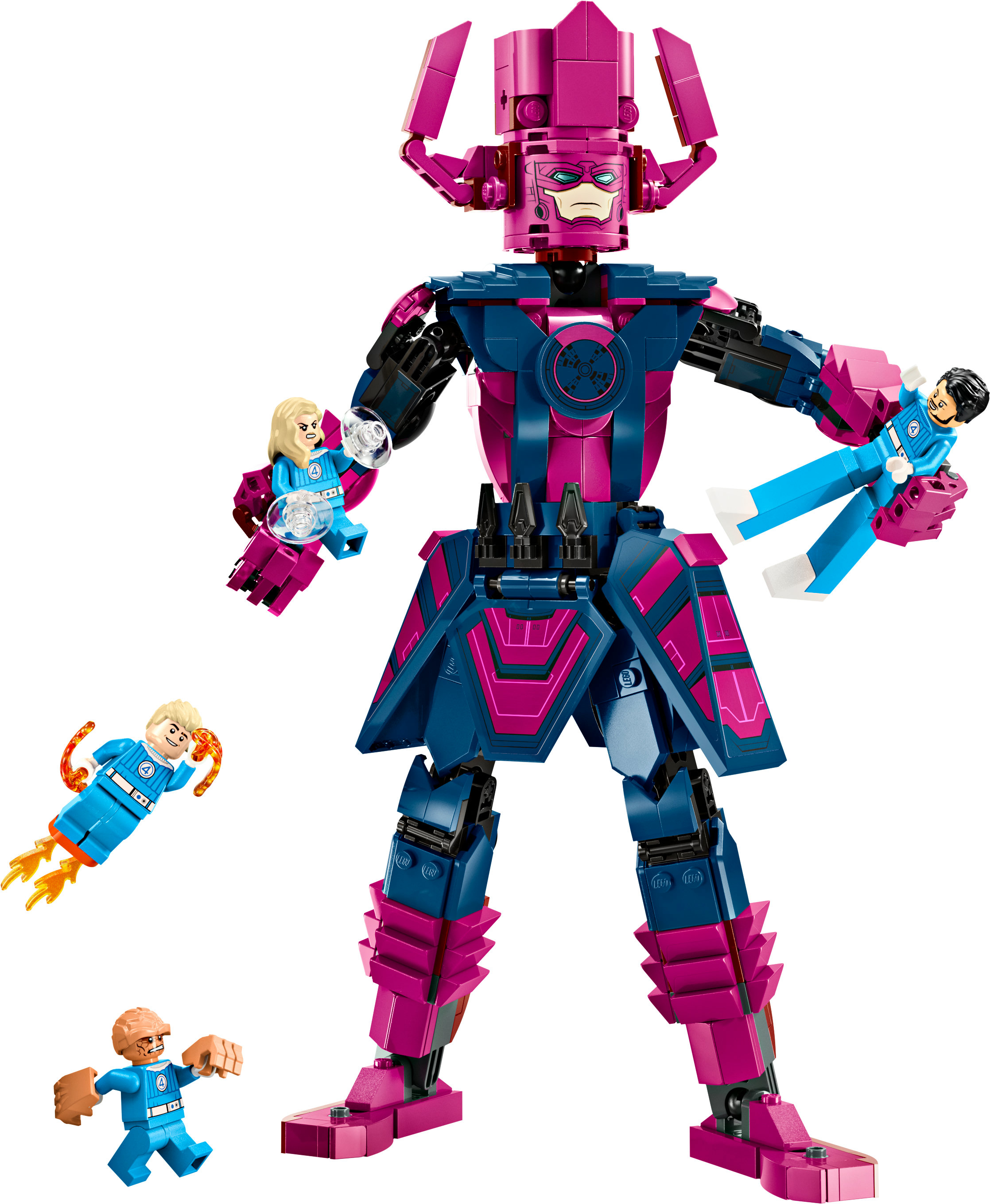 Figurka Lego Galactus z niebieskimi i różowymi detalami, trzymająca trzy figurki Lego Fantastycznej Czwórki.
