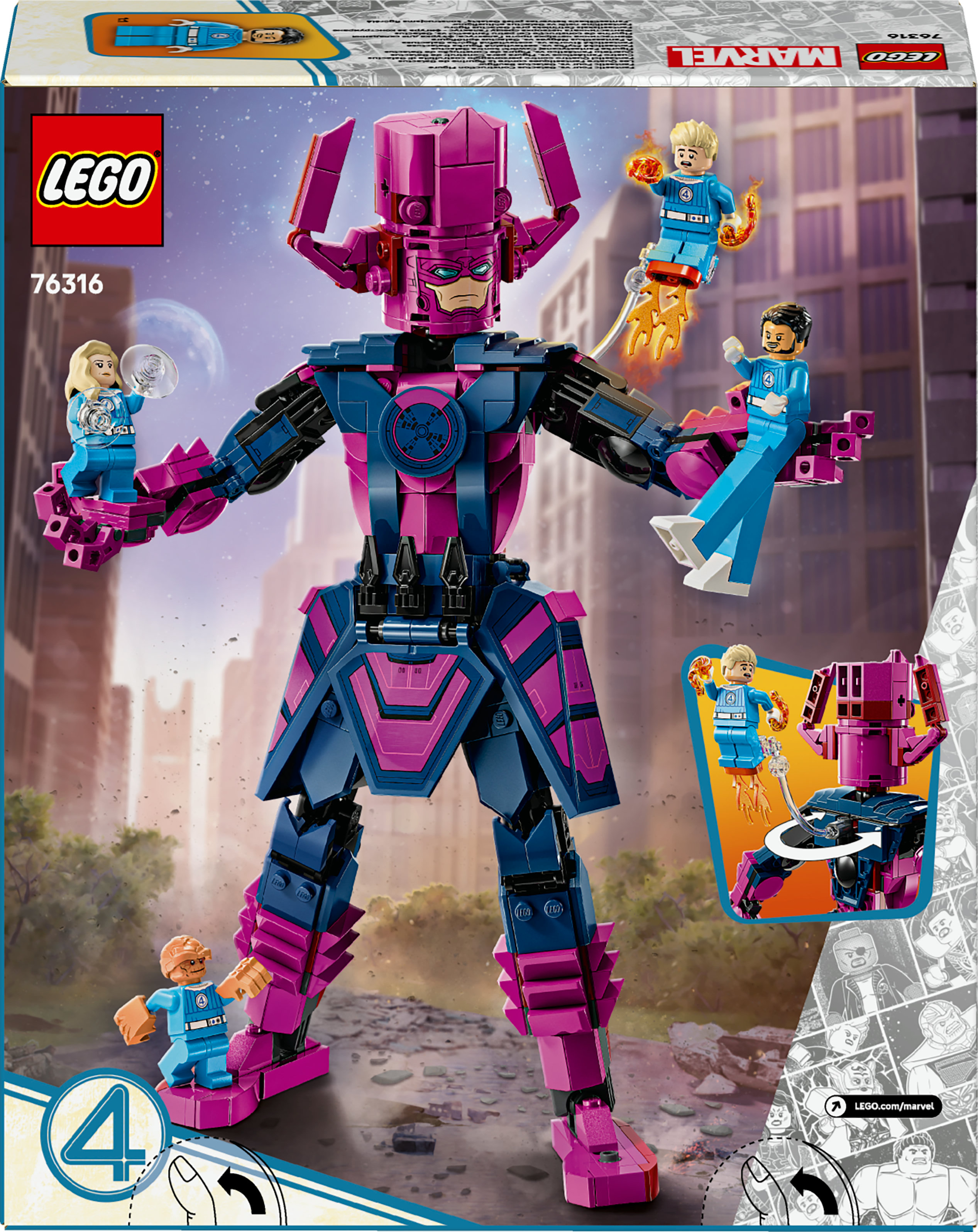 Zestaw LEGO Marvel z Galactusem i minifigurkami Fantastycznej Czwórki. Zawiera figury z efektami płomieni i duży, fioletowo-niebieski Galactus.
