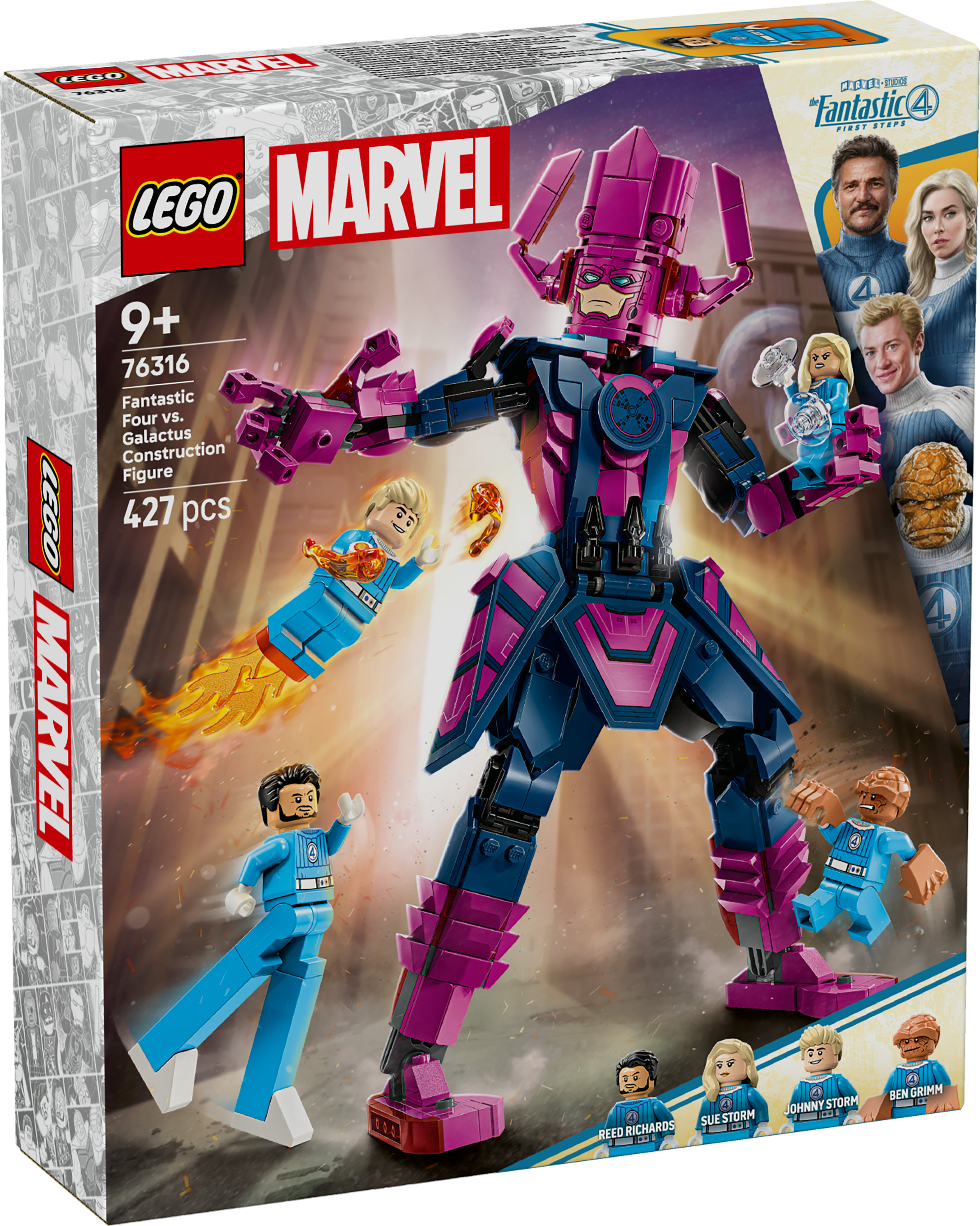 Pudełko zestawu LEGO Marvel z figurkami Galactusa i Fantastycznej Czwórki. Pudełko pokazuje postacie w akcji.