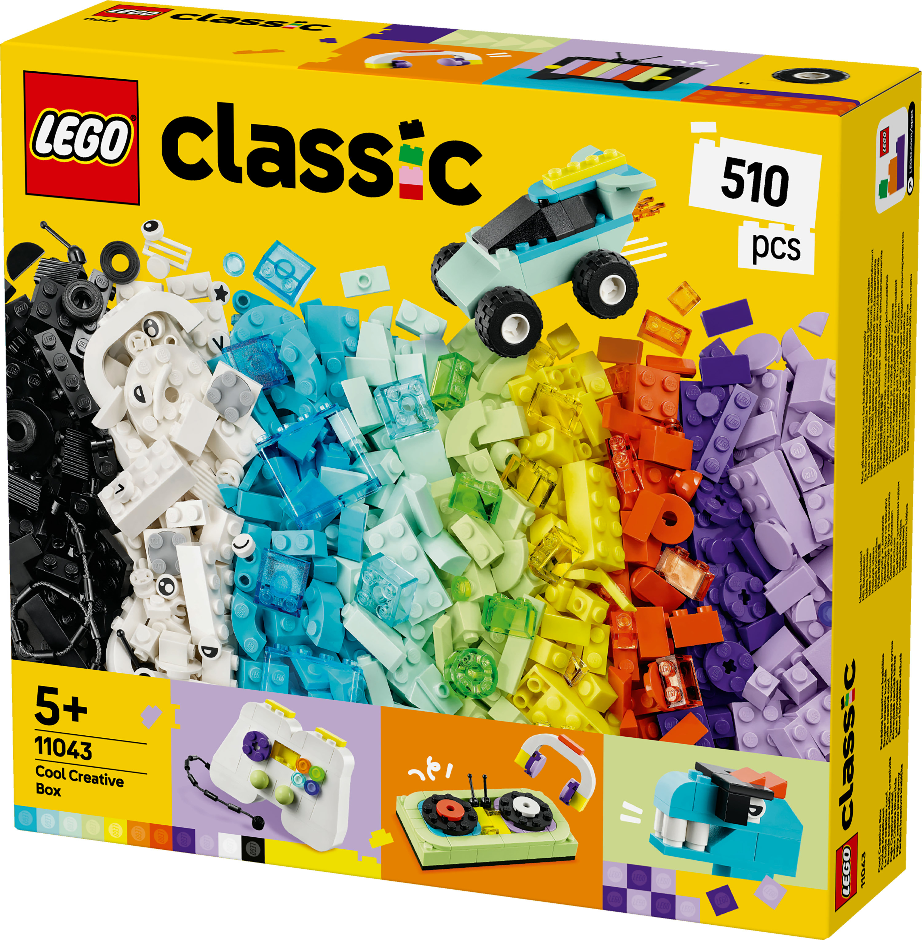 Renkli tuğlalar, bir araba ve inşa edilmiş model örnekleri içeren bir LEGO Classic kutusu. Kutu sarı ve LEGO logosu var.