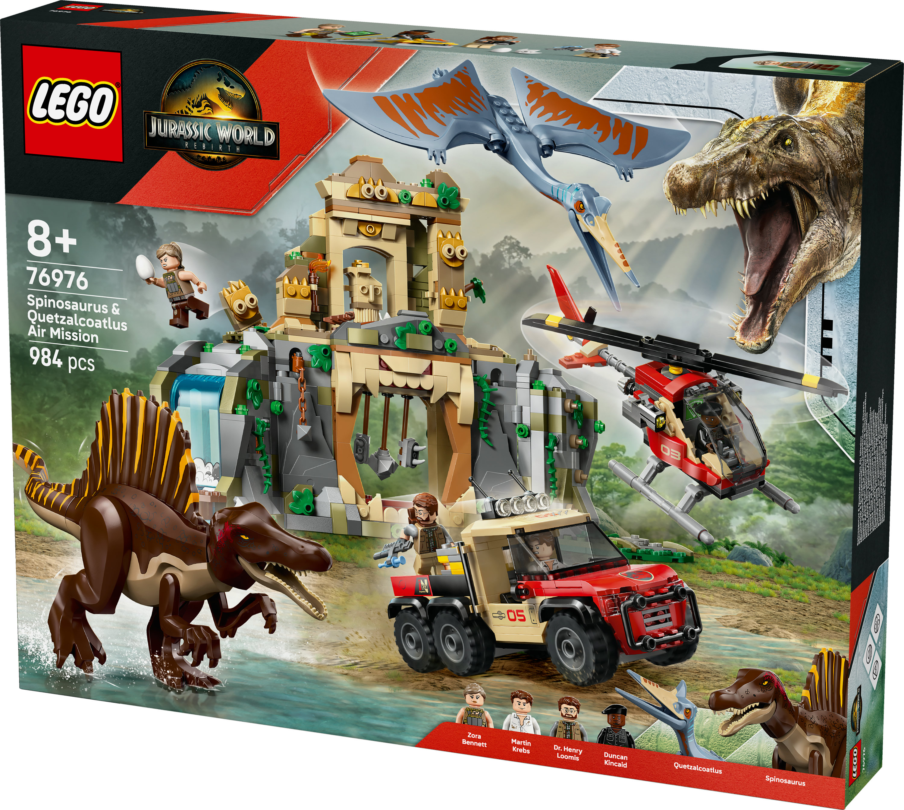 Pudełko zestawu Lego. Zawiera Spinosaurusa, Quetzalcoatlusa, helikopter, pojazd i minifigurki.