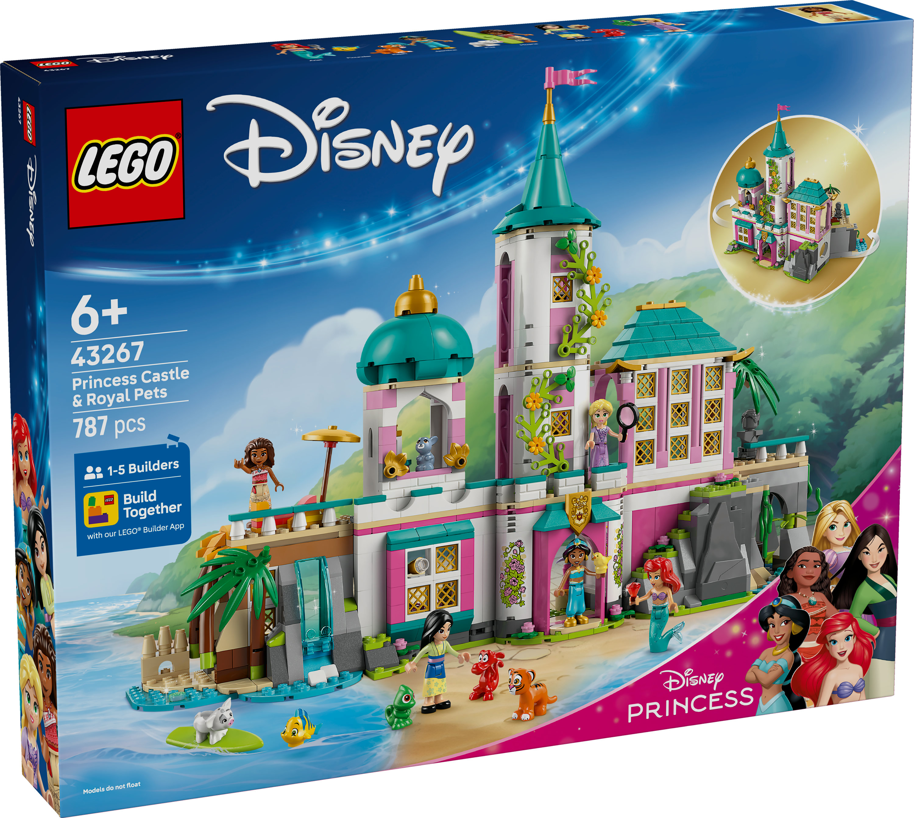 Caja de Lego con el Castillo de la Princesa Disney. Cuenta con varias figuras de princesas y mascotas. La caja es azul y rosa.