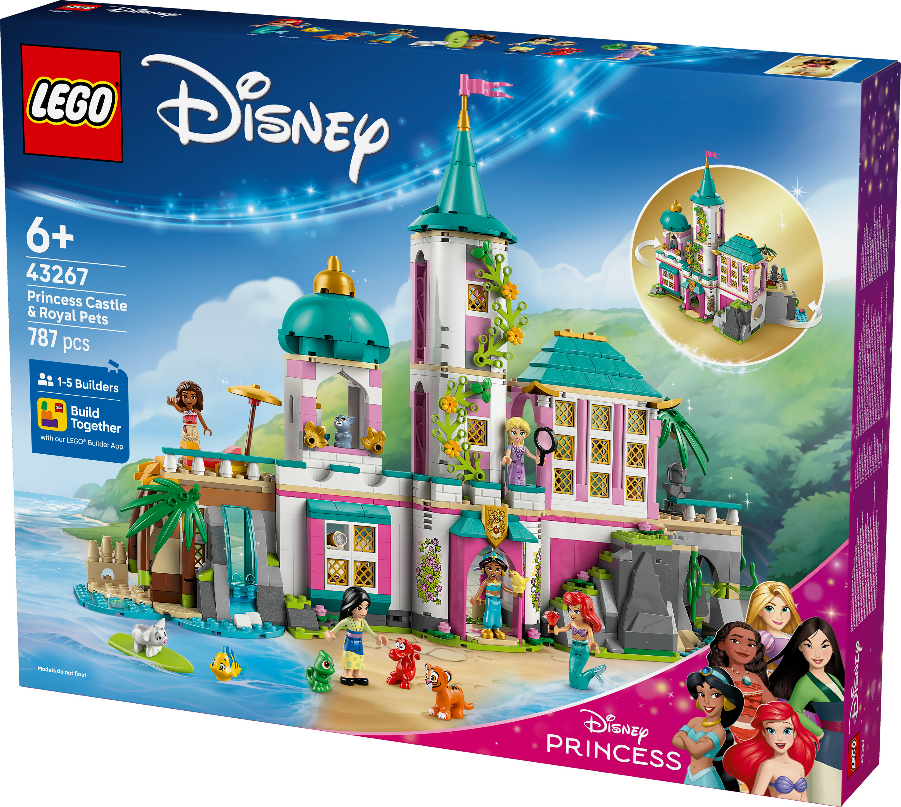 Caja del set LEGO Disney Princess. Presenta un castillo con varias princesas y mascotas. Incluye 787 piezas para mayores de 6 años.