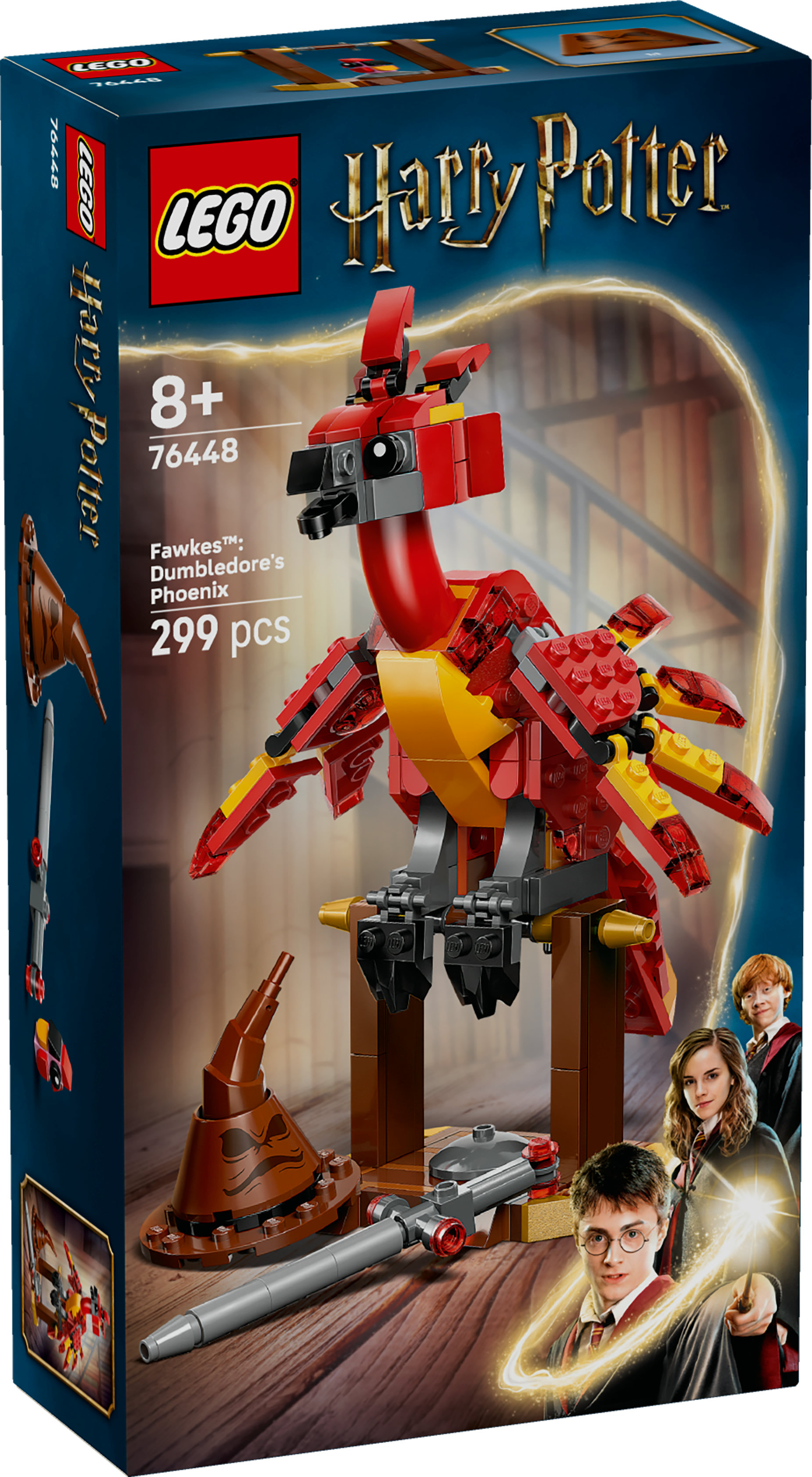 Pudełko zestawu Lego Harry Potter. Zawiera czerwony i żółty model feniksa oraz inne akcesoria. Na pudełku widać Harry'ego, Rona i Hermionę.