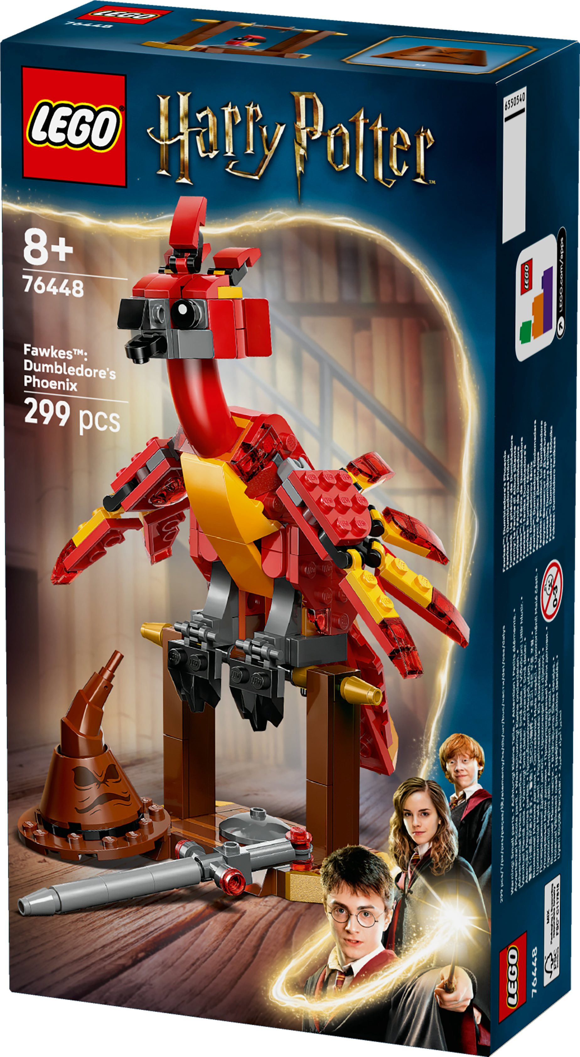 Zestaw LEGO Harry Potter, Fawkes feniks, z Harrym, Ronem i Hermioną. Zawiera tiarę i miecz.