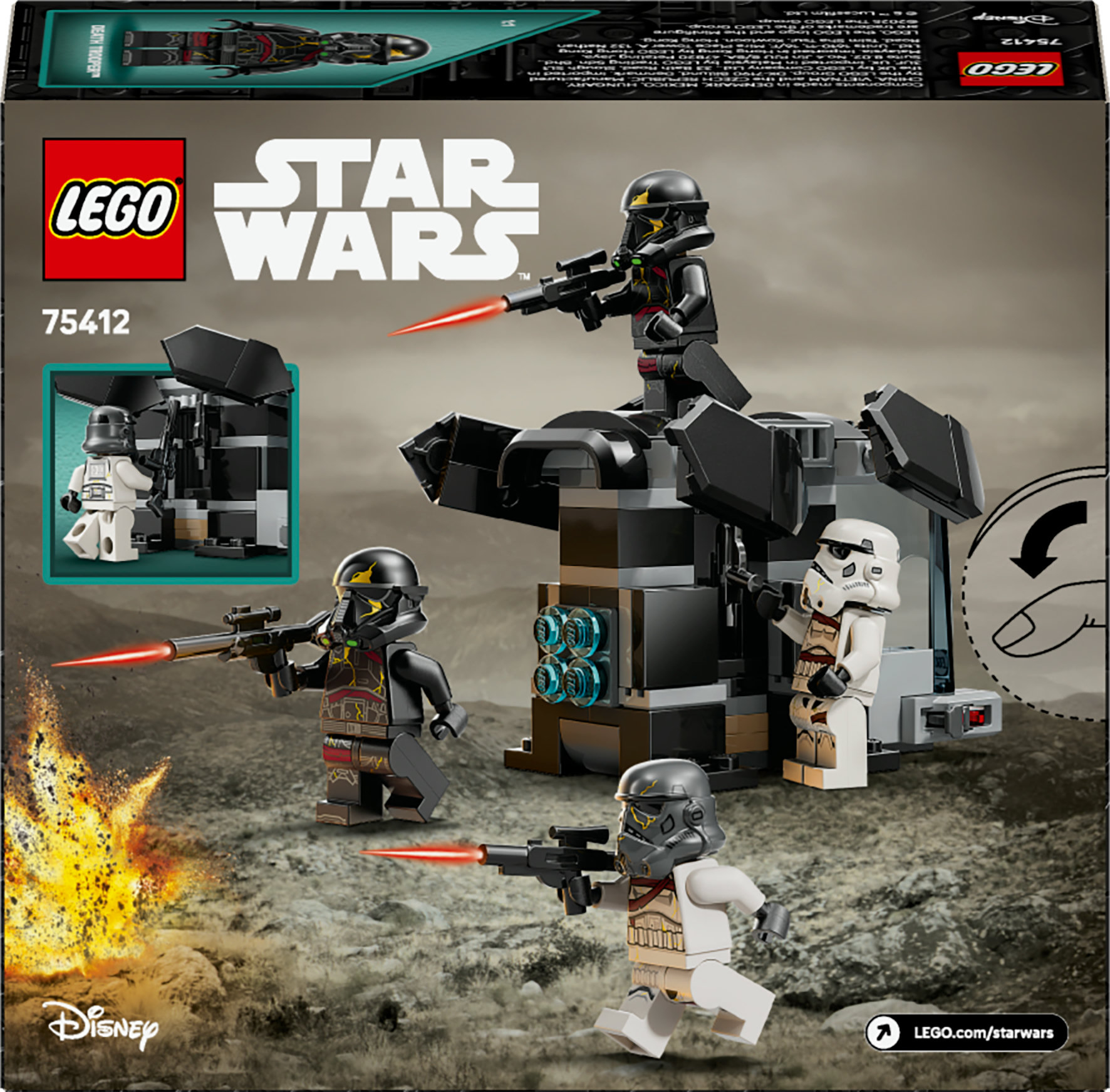 Death Trooper'lar ve siyah bir yapı içeren Lego Star Wars seti. Figürler silahlı ve kumlu bir arka plana karşı.