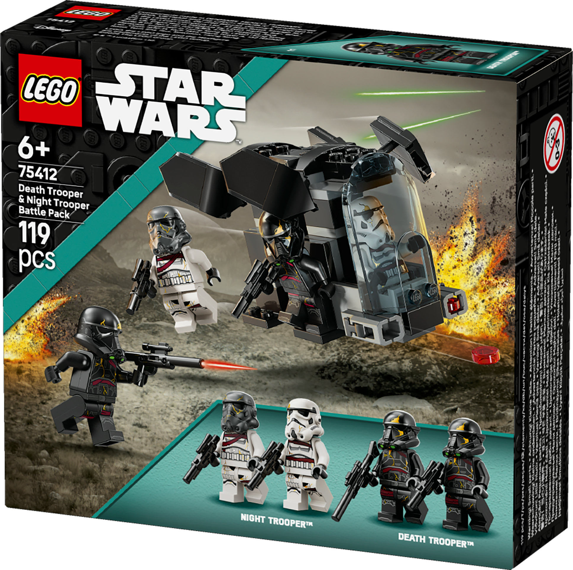Lego Star Wars set kutusu. Death Troopers ve Night Troopers'ı bir araçla gösterir. Siyah, beyaz ve gri renkler.