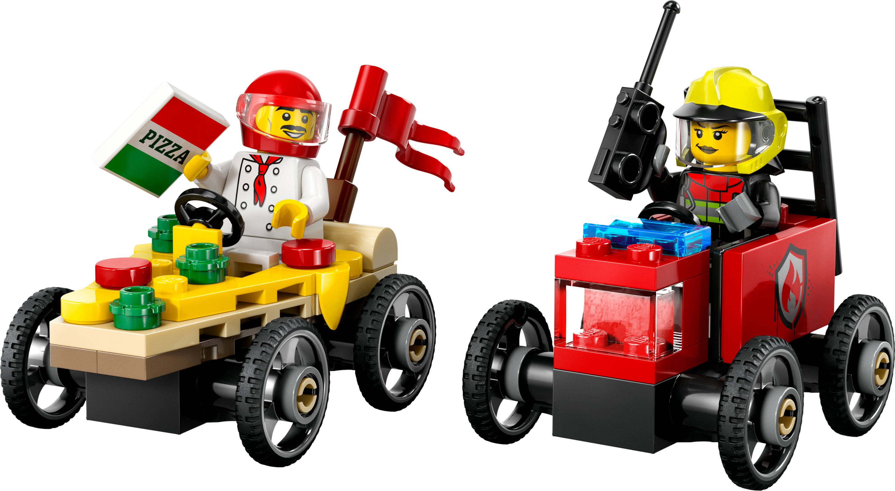 Dos coches de carreras Lego. Uno con un chef y pizza, el otro un bombero con radio.
