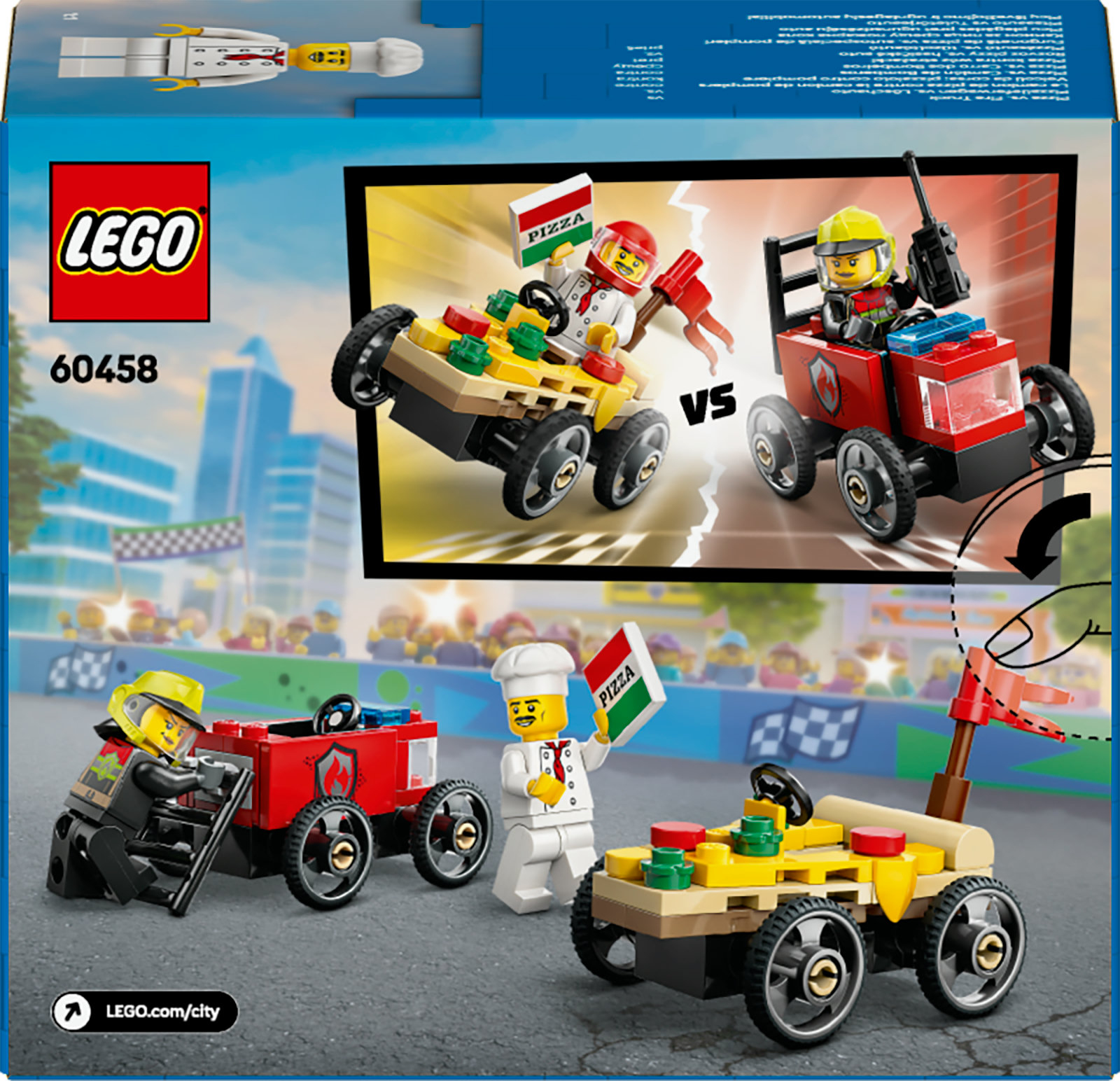 Caja de Lego con coches de carreras de pizza y camiones de bomberos. Los personajes incluyen un chef y bomberos. La escena está ambientada en una pista.