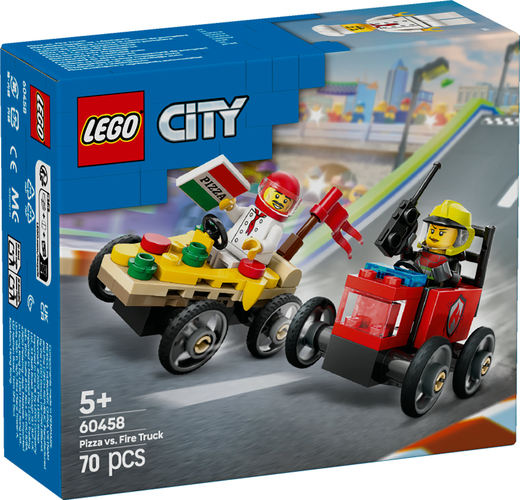 Set Lego City: Chef pizzero en kart contra camión de bomberos. Incluye dos minifiguras, kart y camión.