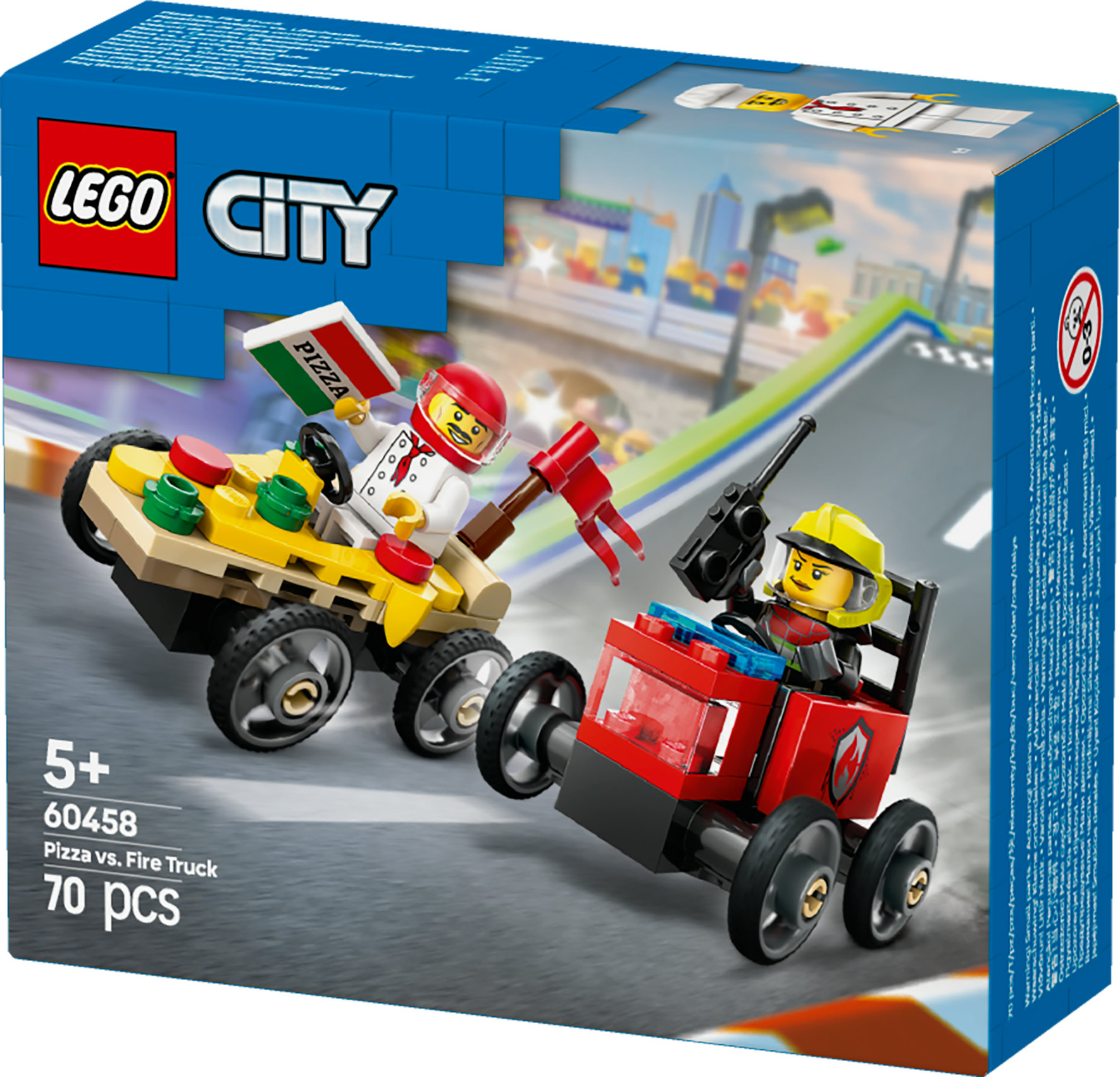Caja de Lego City. Muestra un coche de pizza corriendo contra un camión de bomberos. El coche de pizza tiene un chef. El camión de bomberos tiene un bombero.