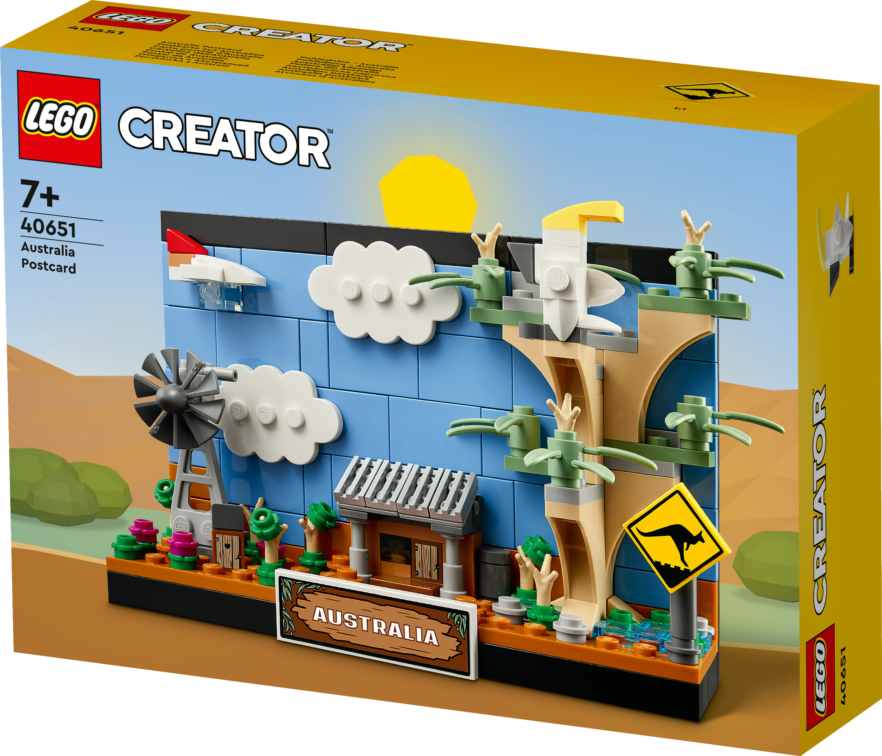 Cartolina Lego Australia. Include un mulino a vento, un cartello con canguro, nuvole e sole. Set Lego Creator.