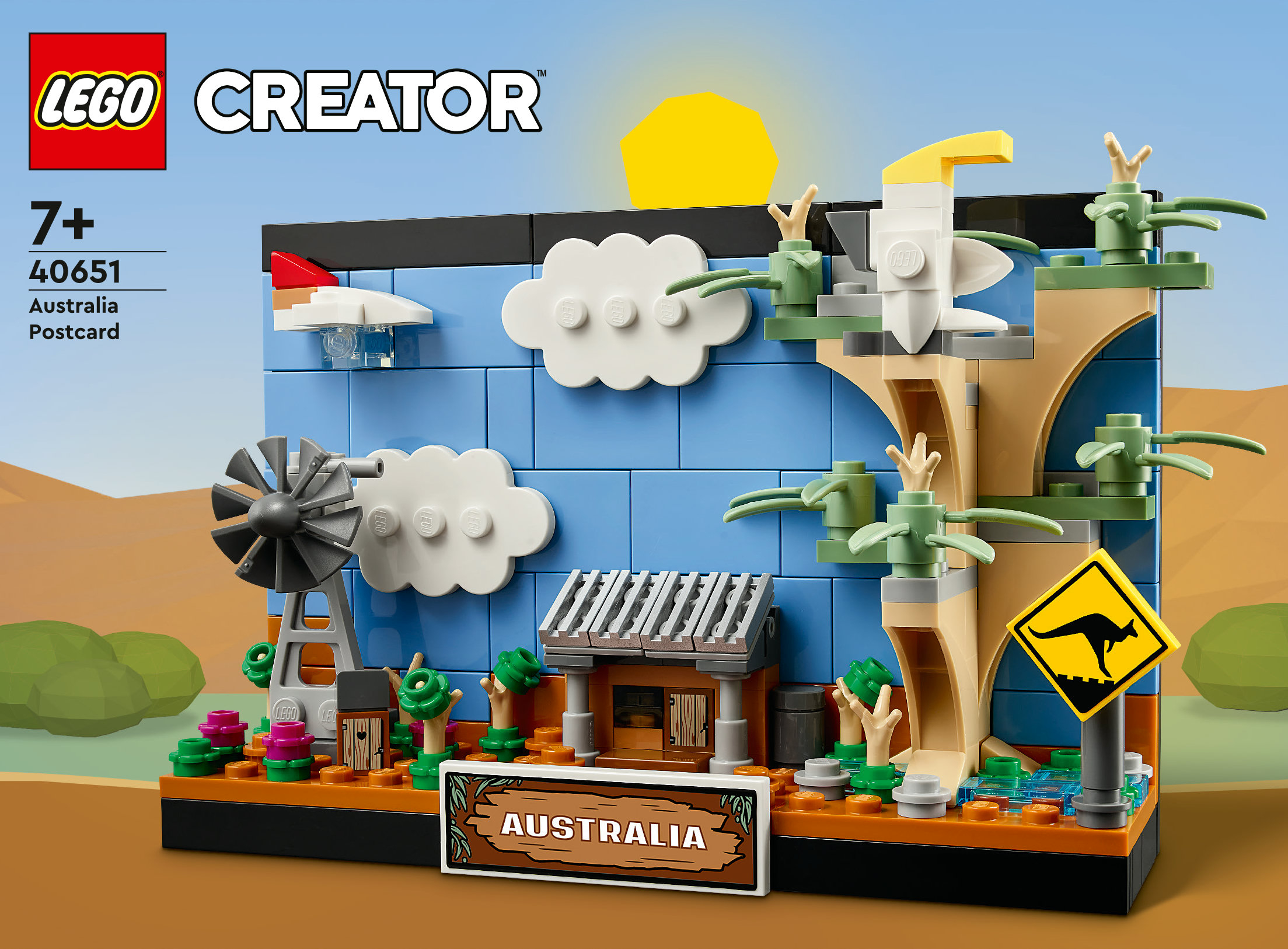 Cartolina LEGO Australia. Presenta un mulino a vento, cartello canguro, nuvole, casa e sole, in mattoncini LEGO.
