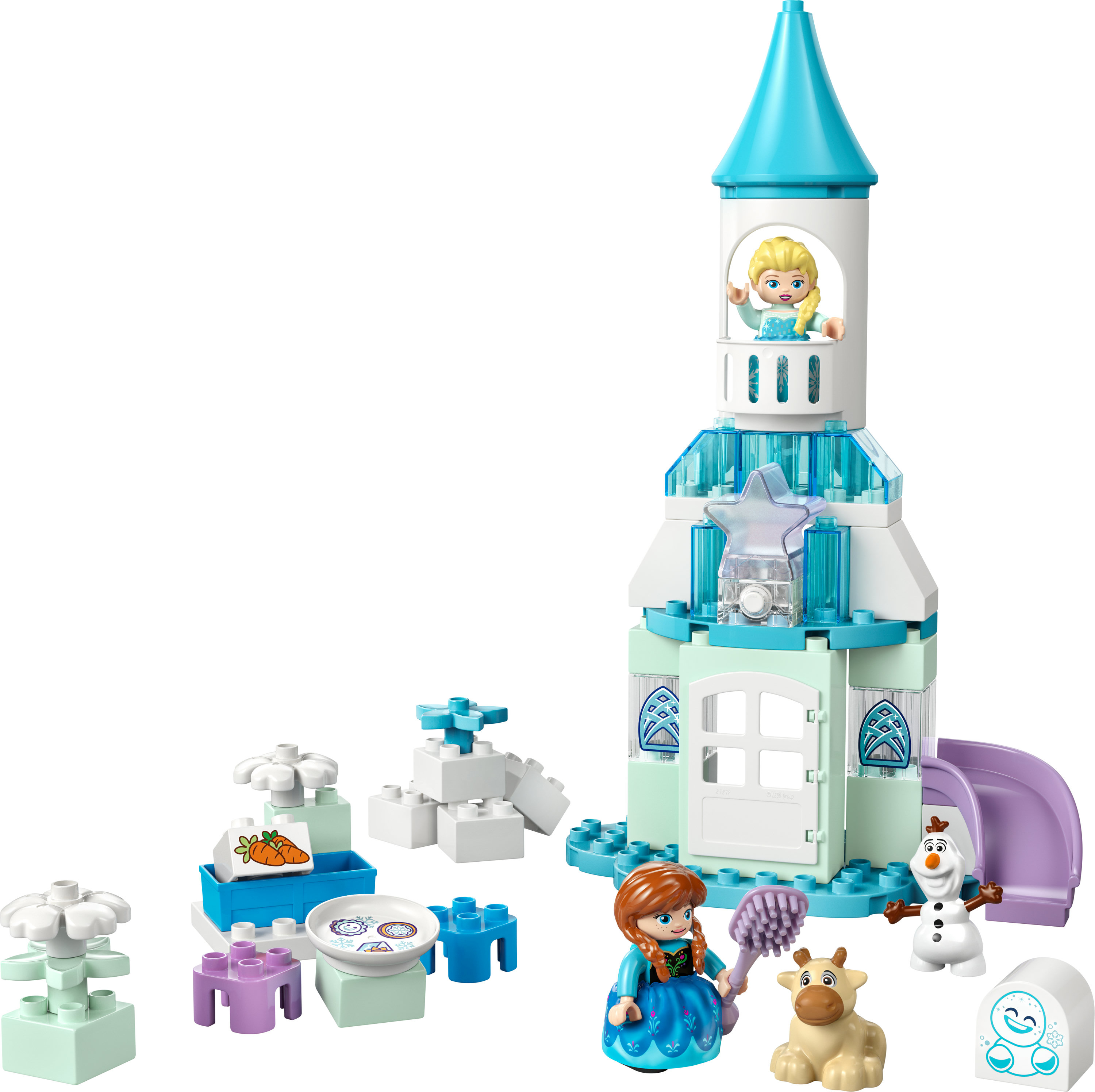 Zestaw zamku Lego Frozen. Elsa w wieży, figurki Anny, Olafa, Svena. Zawiera stoły, kwiaty i zjeżdżalnię.