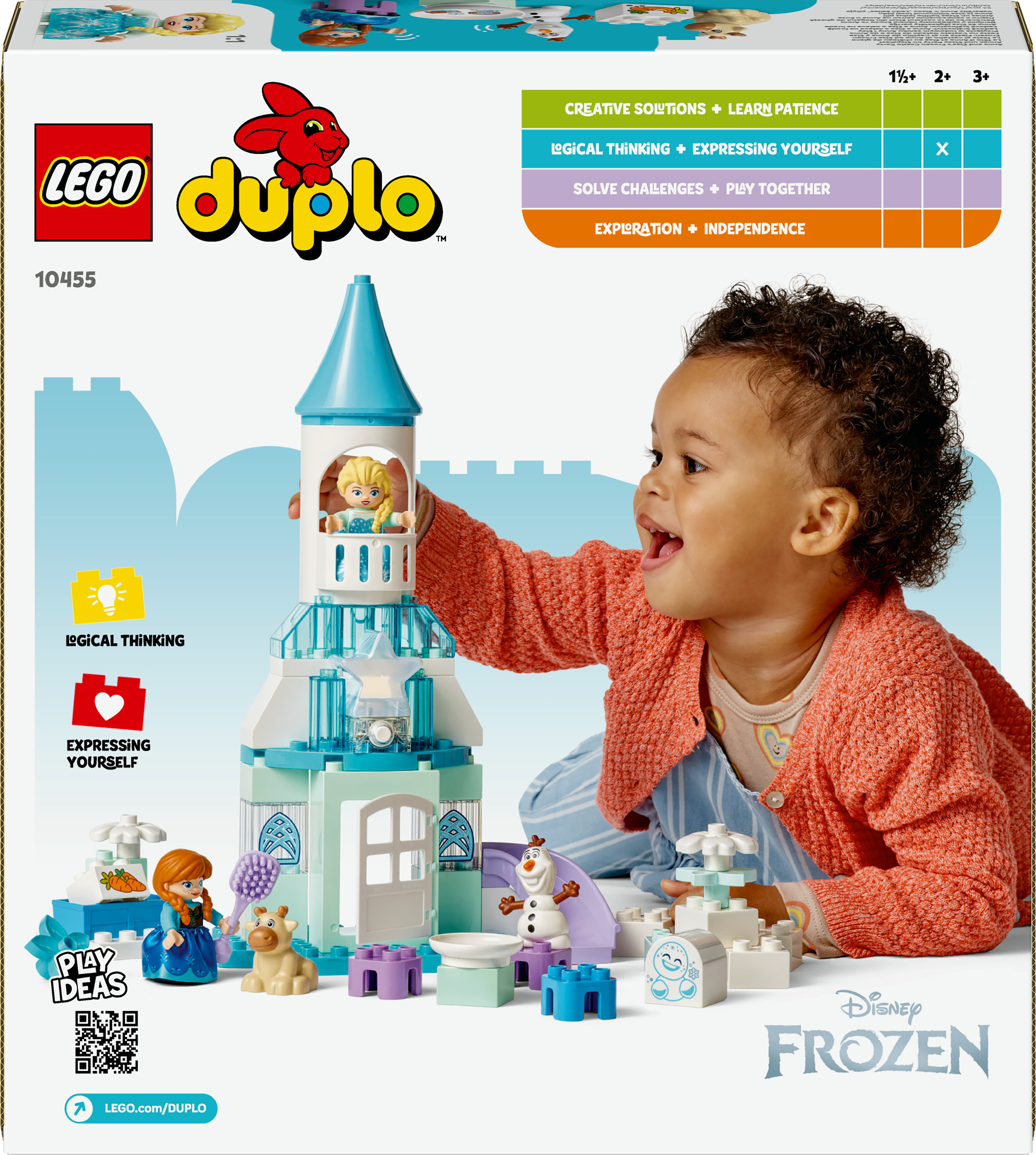 Dziecko bawi się zestawem Lego Duplo Frozen, z Elsą, Olafem i zamkiem. Pudełko przedstawia zestaw i dziecko.