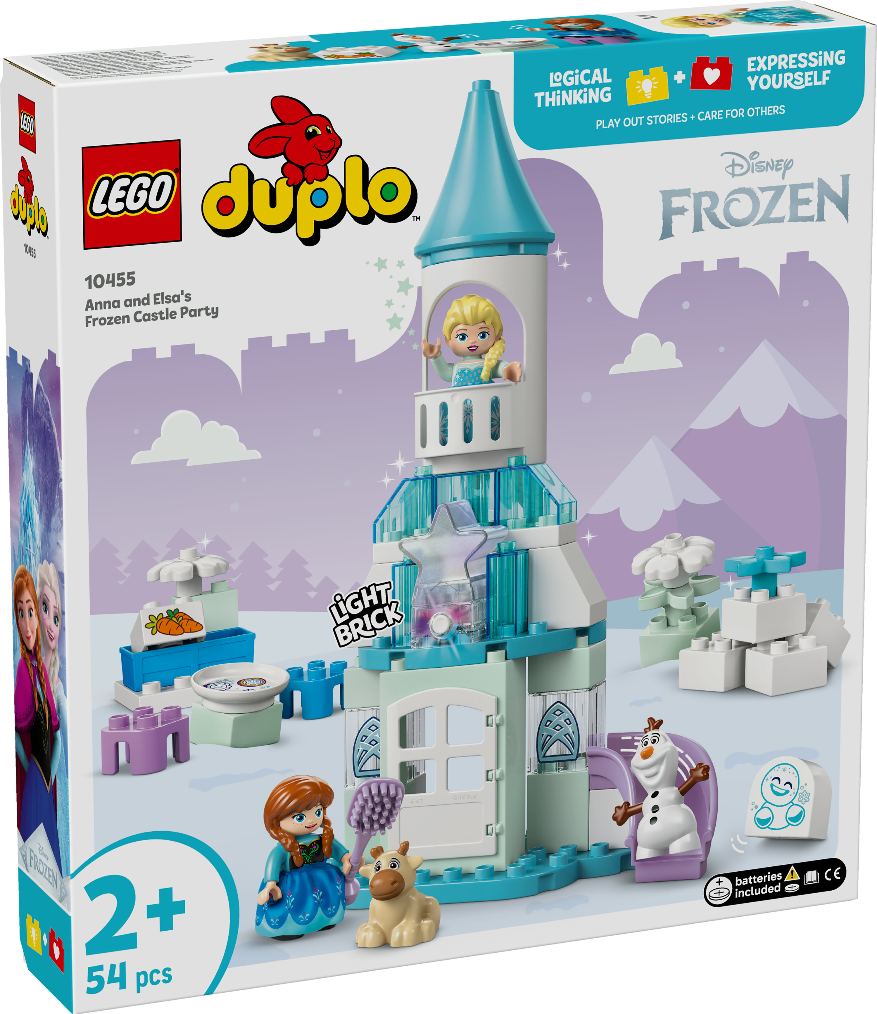 Pudełko zestawu LEGO Duplo Frozen. Pokazuje Annę i Elsę z zamkiem, Olafem i innymi postaciami. Zestaw przeznaczony dla dzieci w wieku 2+.