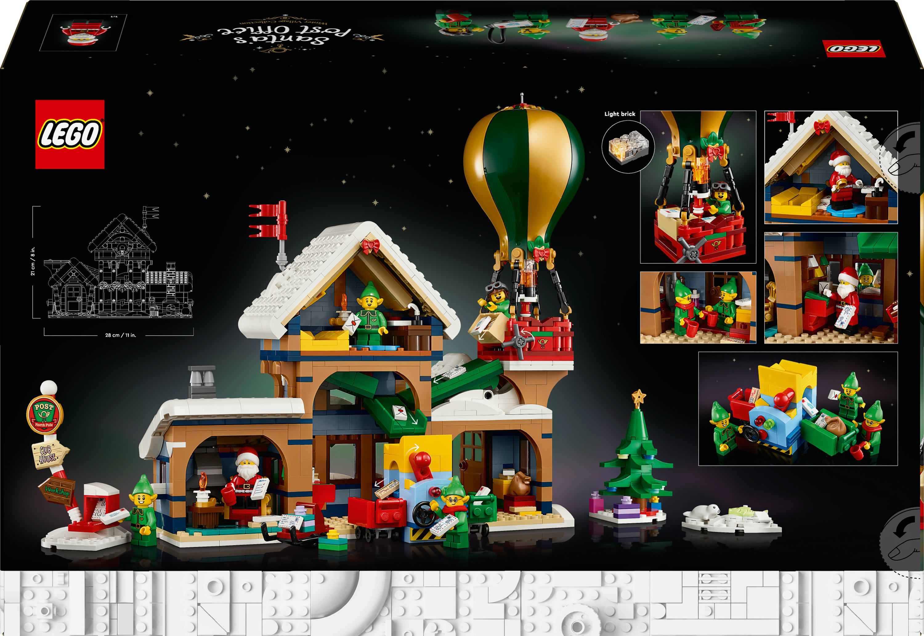 Un set Lego dell'ufficio postale di Babbo Natale. Include Babbo Natale, elfi, mongolfiera, albero di Natale e smistamento lettere.