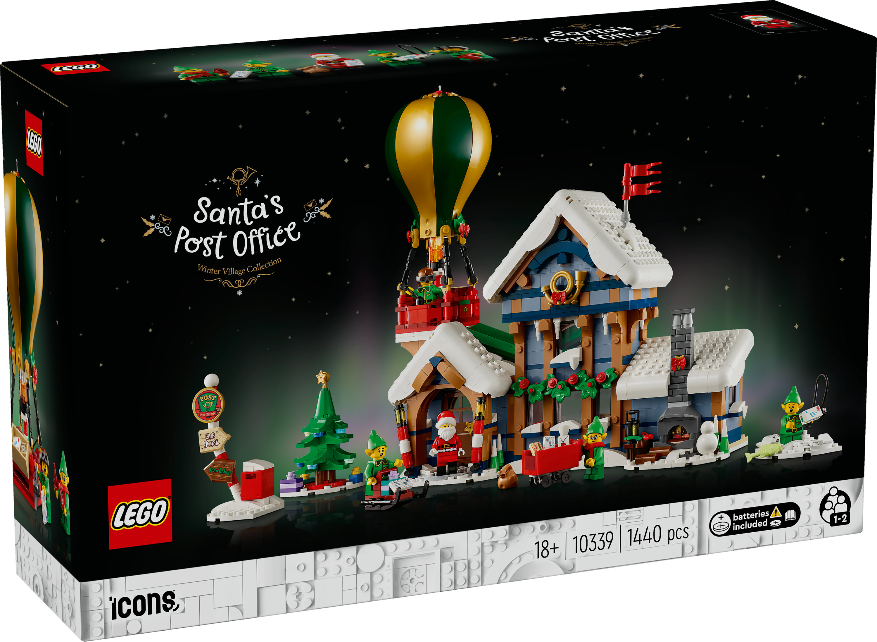 Set Lego della Posta di Babbo Natale con mongolfiera, edifici, alberi di Natale e personaggi. C'è la neve.