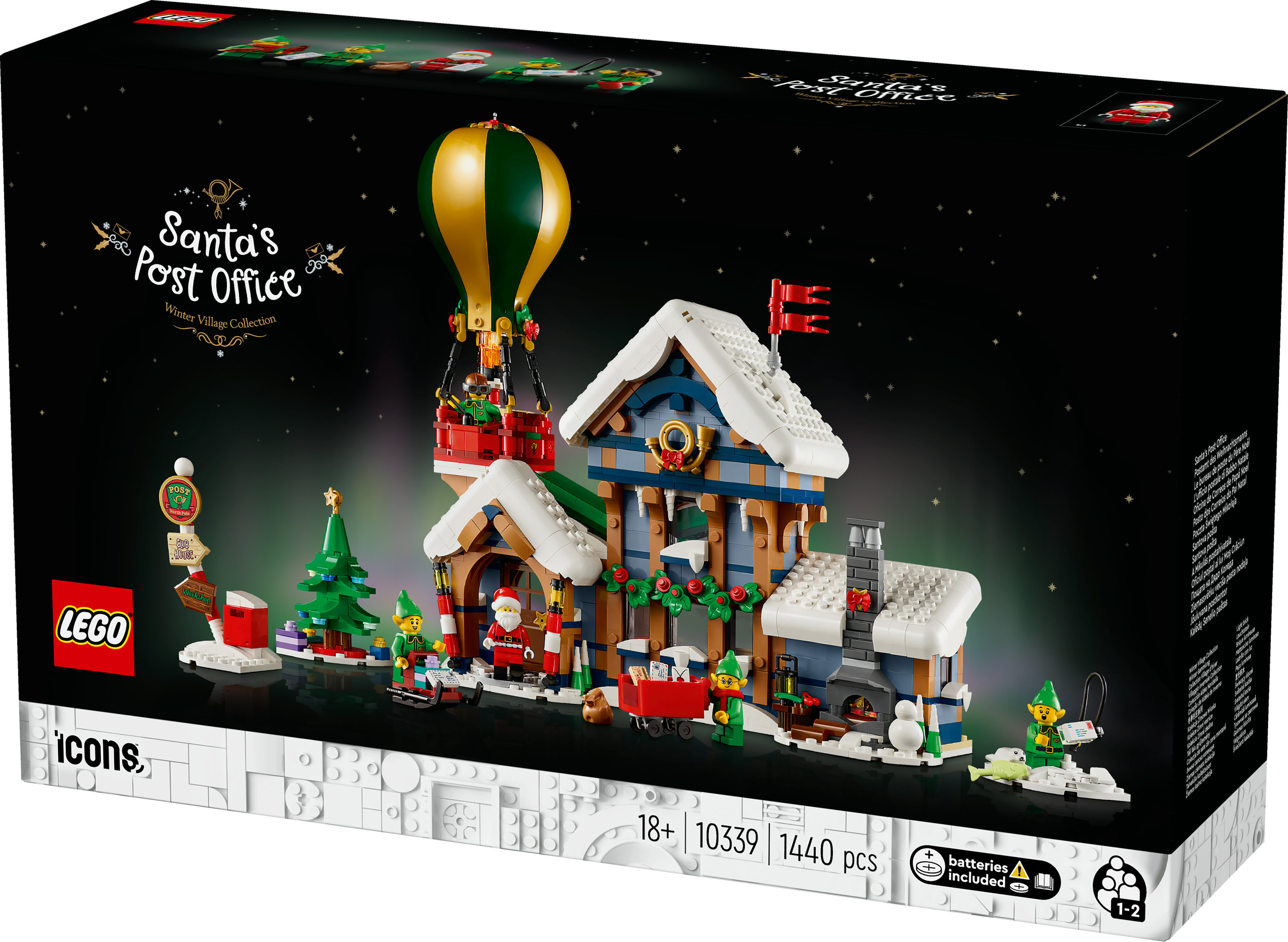 Set di scatole Lego dell'ufficio postale di Babbo Natale con mongolfiera, edifici e minifigure.