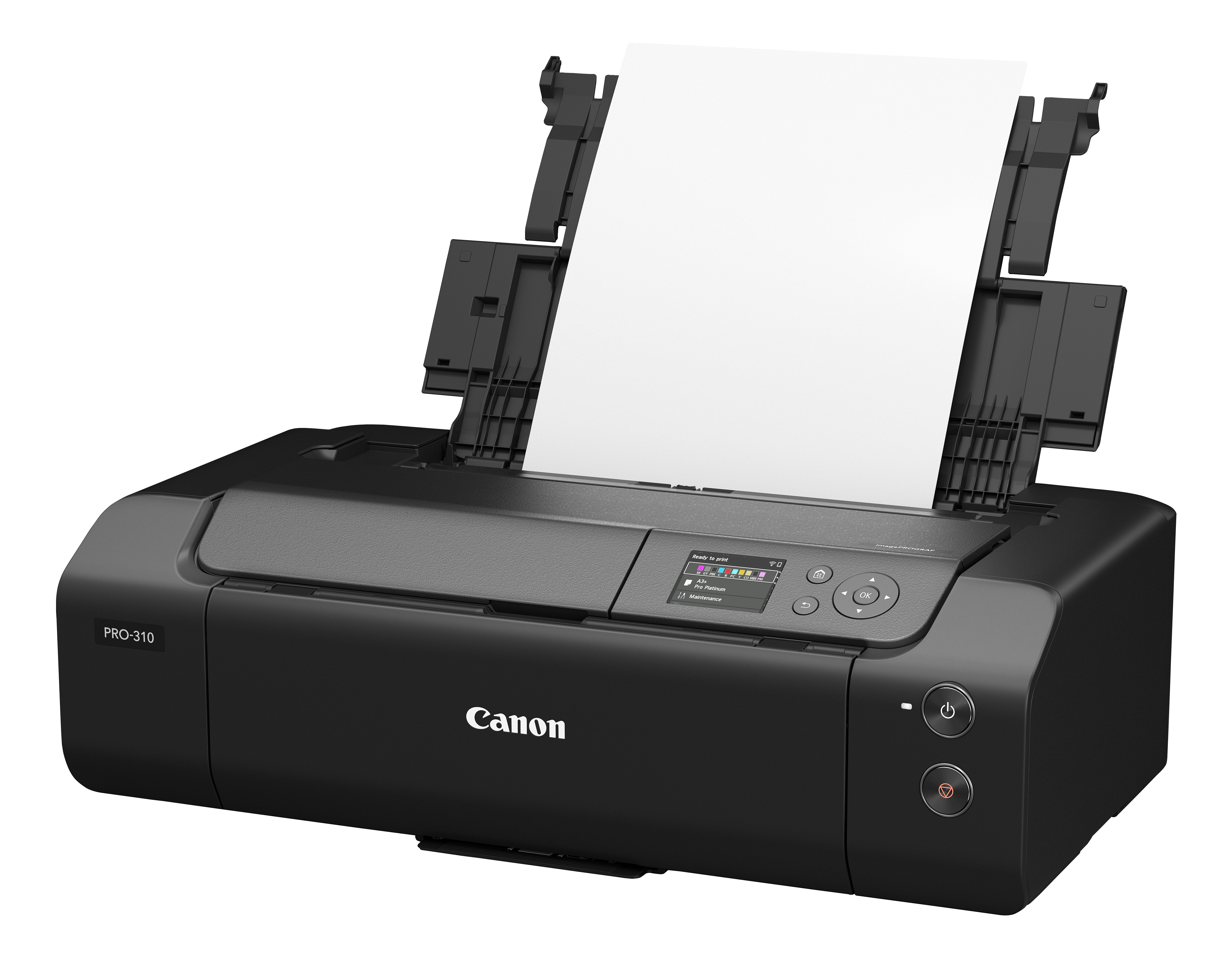 Czarna drukarka Canon PRO-310 z papierem. Taca na papier jest otwarta. Ekran wyświetla ustawienia drukowania i przycisk zasilania.