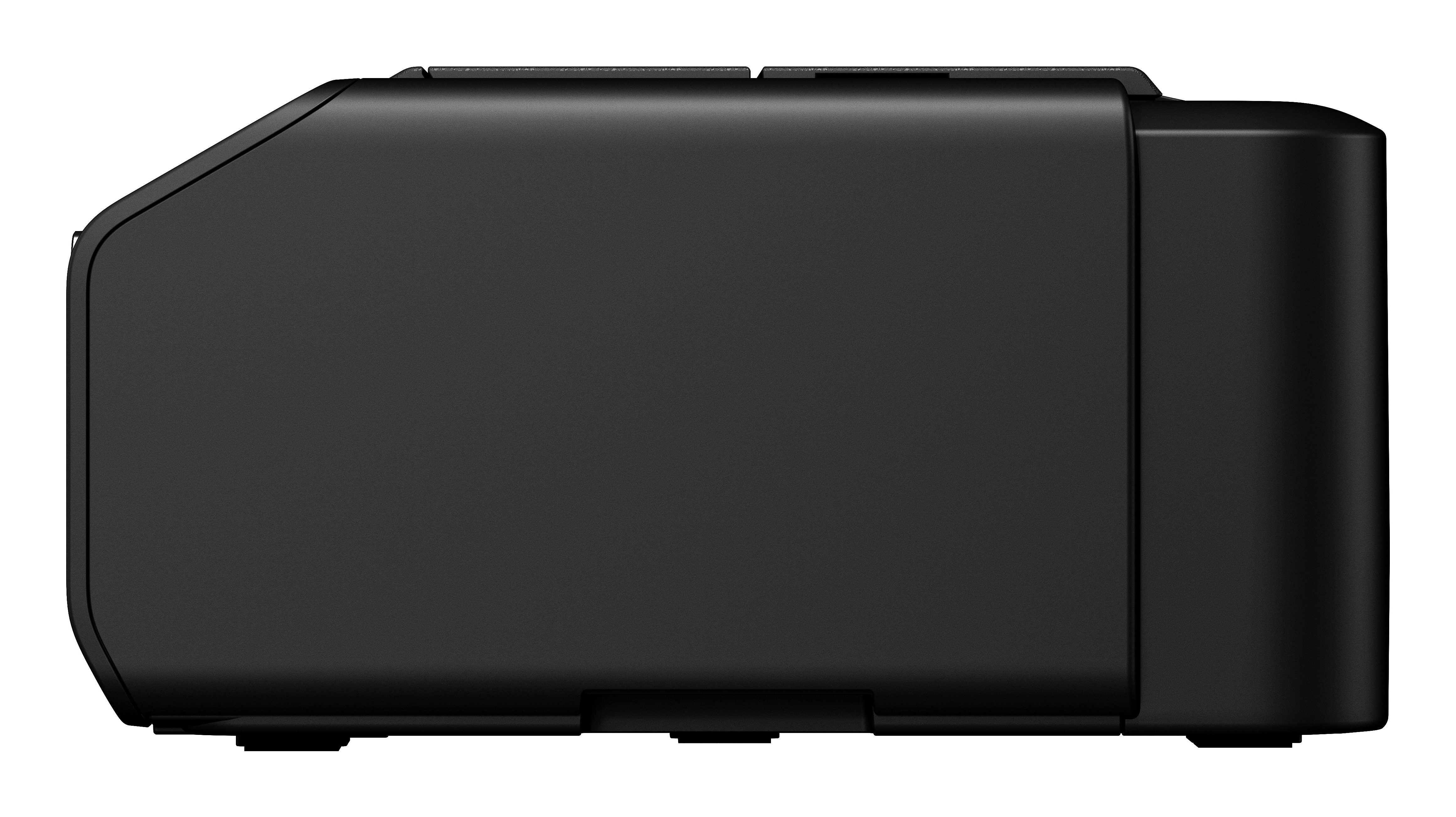 Widok z boku czarnego prostokątnego urządzenia z zaokrąglonymi krawędziami. Ma teksturowaną powierzchnię na białym tle.