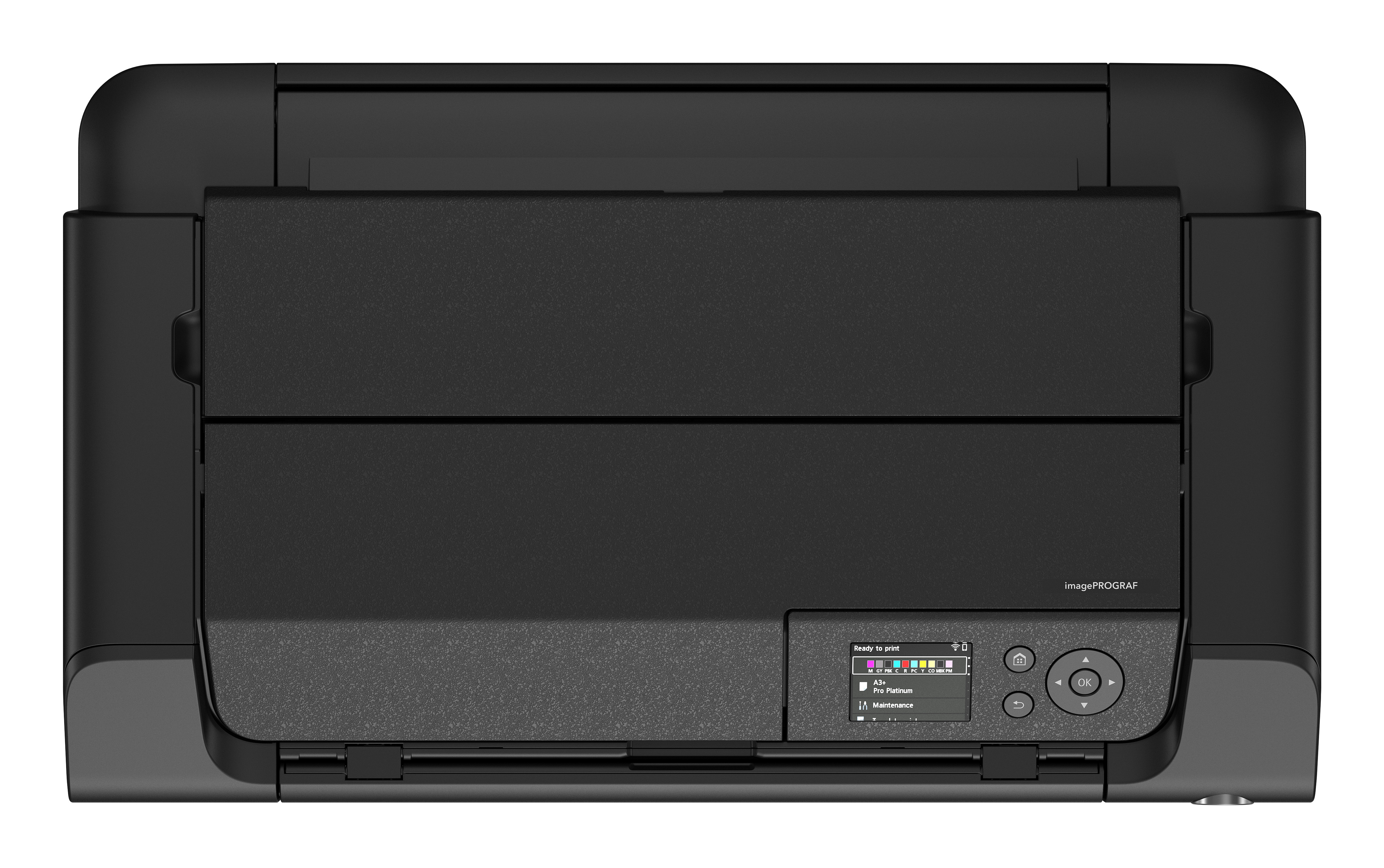 Czarna drukarka Canon imagePROGRAF, widok z przodu. Ma panel sterowania i przycisk OK. Tło jest białe.