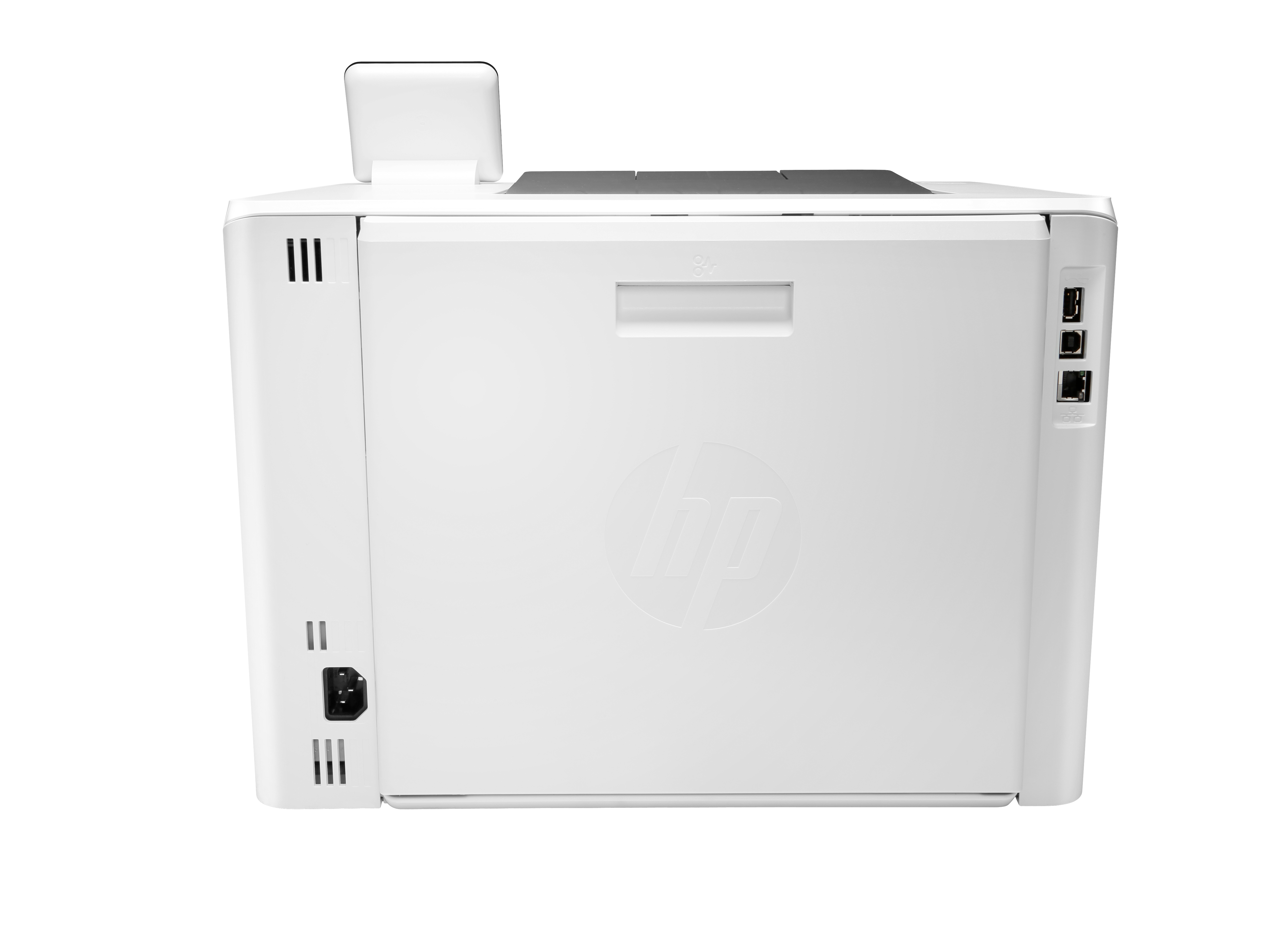 Una impresora HP blanca centrada sobre un fondo blanco. Incluye puertos, entrada de alimentación y logotipo HP.