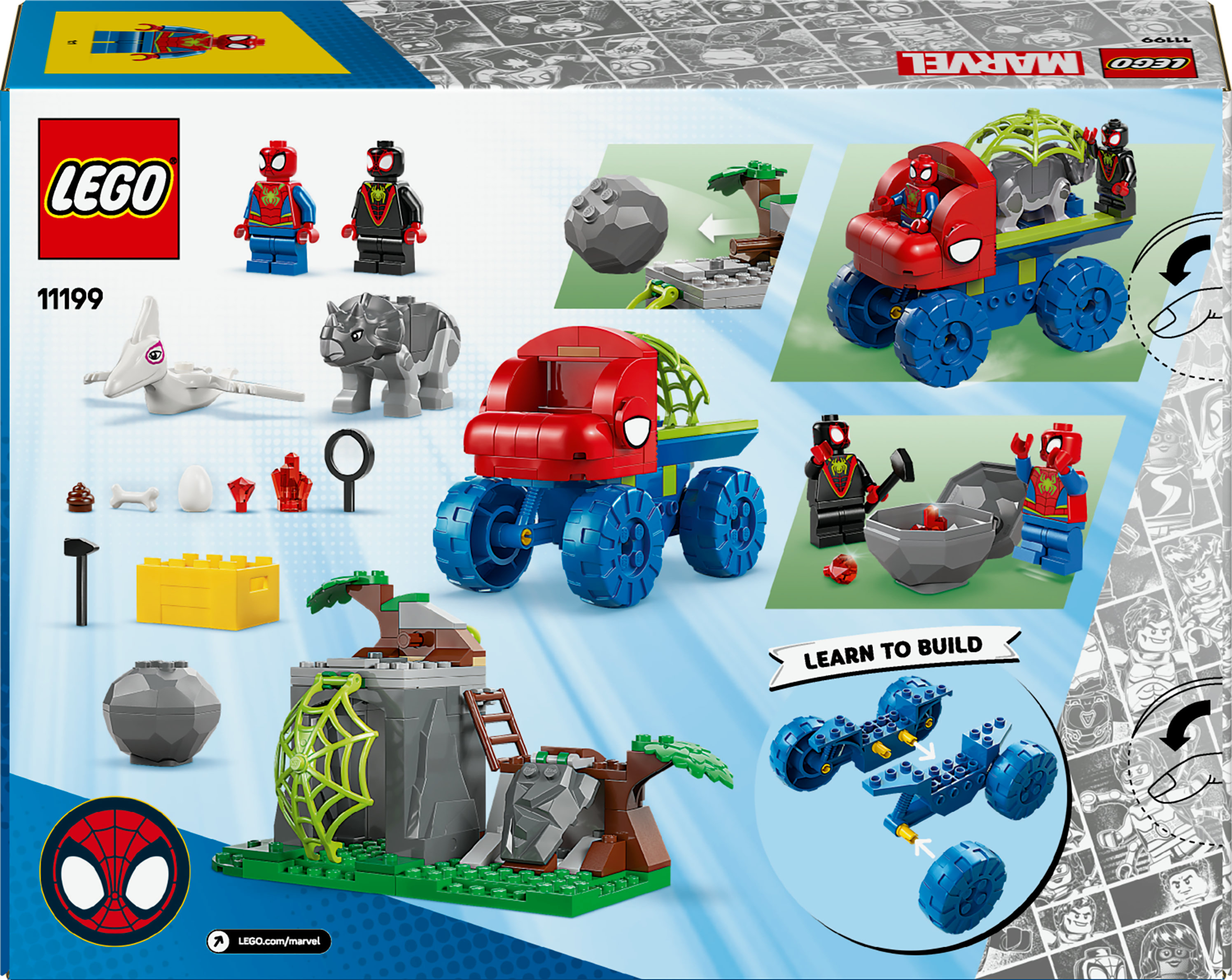 Lego-Set mit Spider-Man-Figuren, einer Nashornfigur, einem rot-blauen Truck und einer Felsformation.