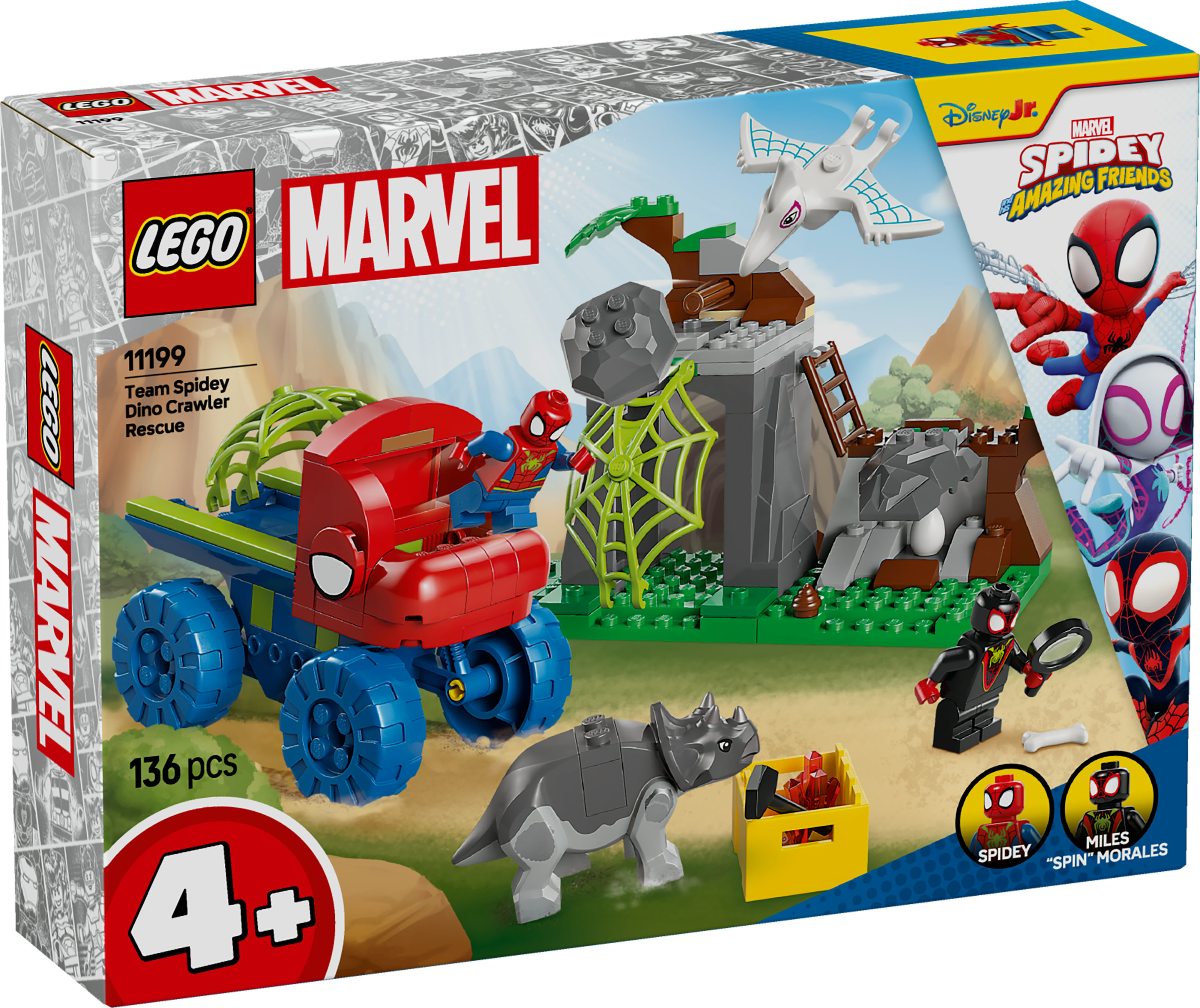 Lego Marvel Set. Enthält Spidey-Truck, Nashorn und Spider-Man-Figuren mit Dinosaurier-Rettungsthema. Farbig mit mehreren Elementen.