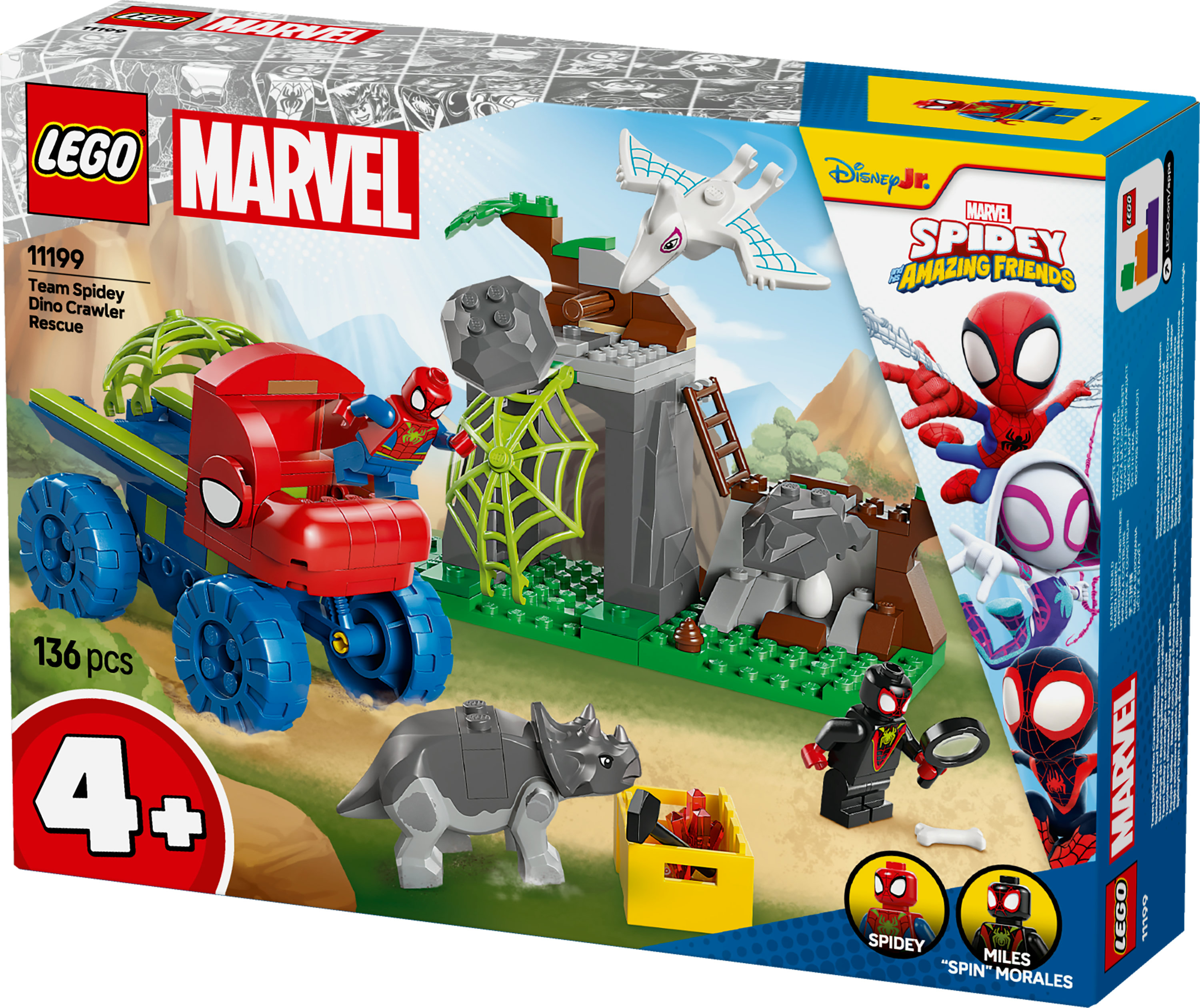 LEGO-Set: Team Spidey Dino Crawler Rescue. Enthält einen rot-blauen Truck, Charaktere und einen Dinosaurier.