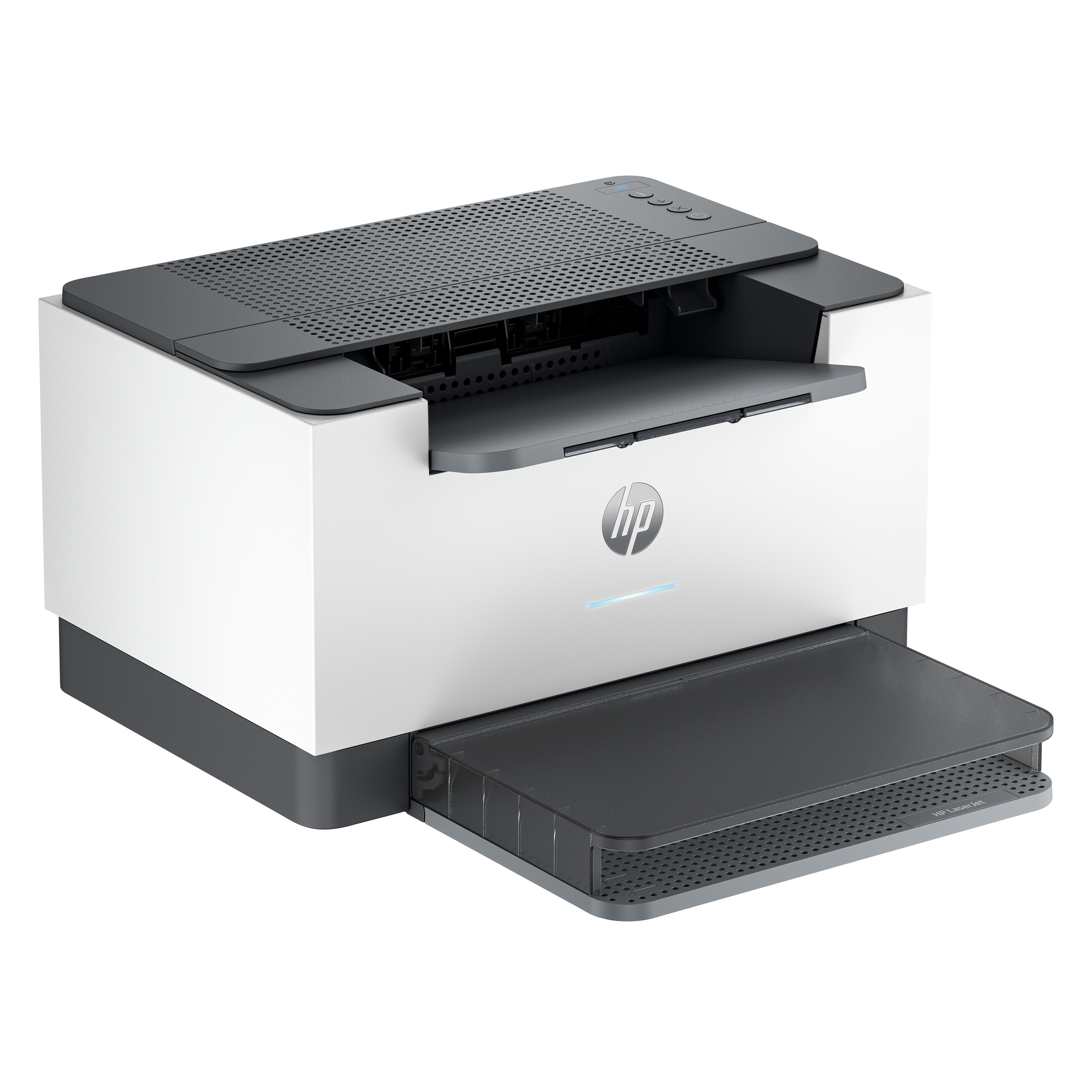 Una impresora HP LaserJet. Cuerpo blanco, parte superior y bandeja grises. Logotipo de HP al frente. Bandeja de papel abierta.