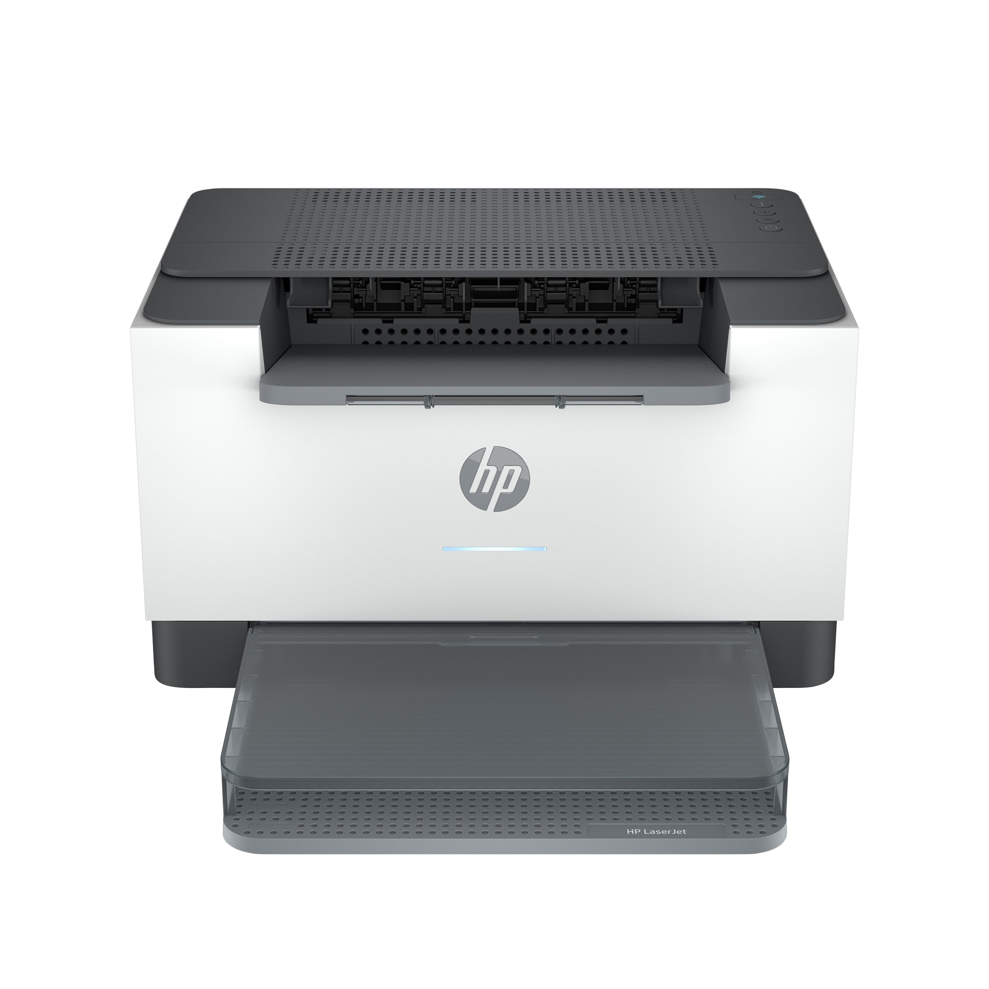 Una impresora HP Laser Jet blanca y gris. Tiene bandeja de papel y panel de control.