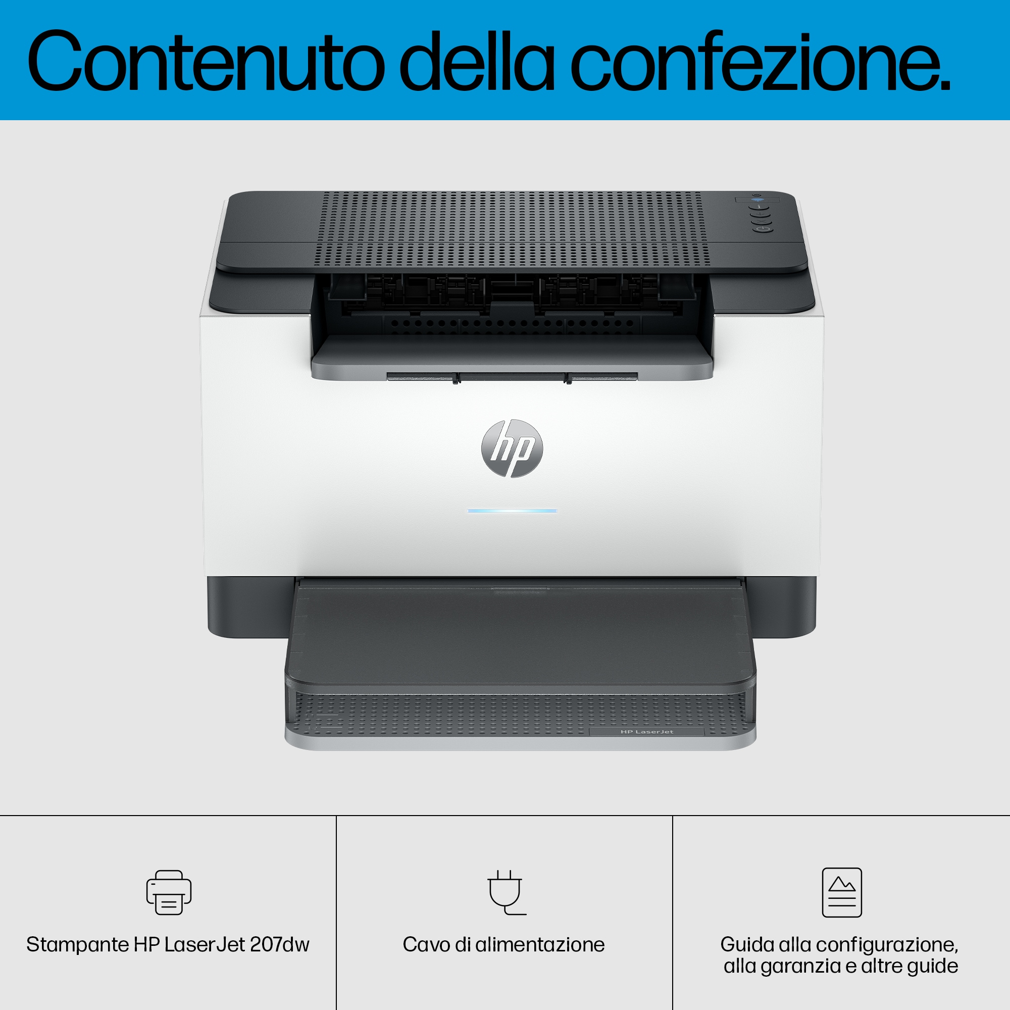Impresora HP blanca y negra con accesorios: cable de alimentación, guía de configuración. Texto: 'Contenuto della confezione.'
