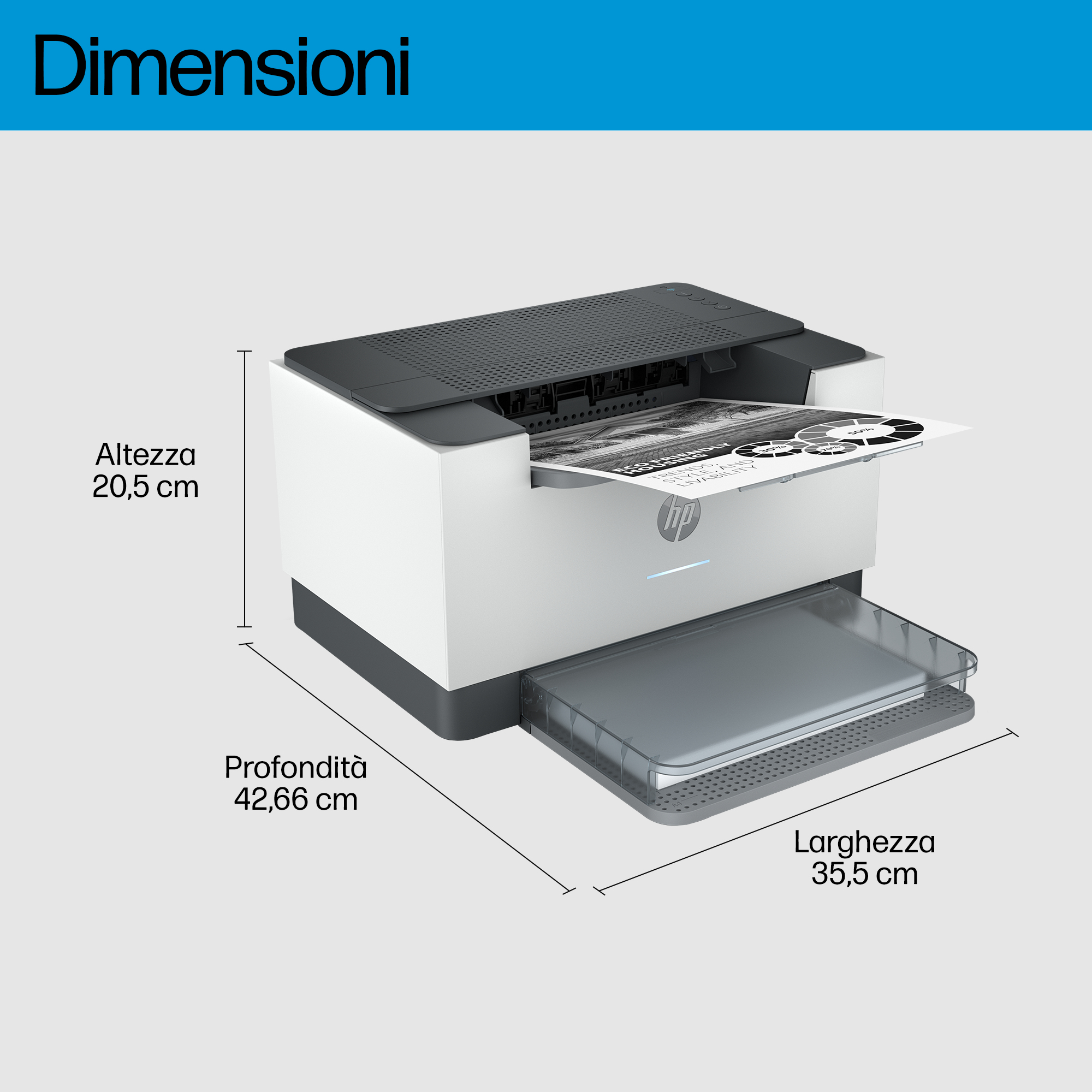Se muestra una impresora HP blanca y gris. Dimensiones: altura 20,5 cm, profundidad 42,66 cm, ancho 35,5 cm. Sale un papel.