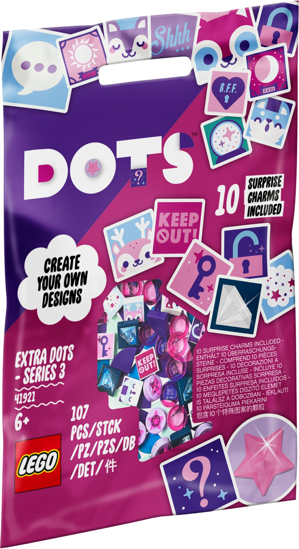 Fioletowa torba LEGO DOTS Seria 3. Posiada różne zawieszki i tekst 'Create Your Own Designs'. Zawiera 10 niespodzianek.