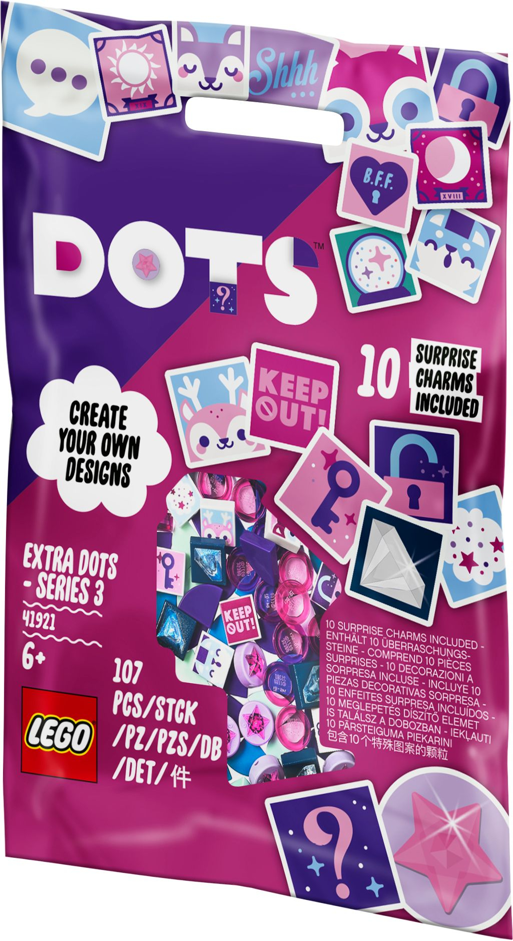 Torba LEGO Dots z różnymi zawieszkami, tekstem i ilustracjami. Torba jest różowa i fioletowa, ze słowem "DOTS".