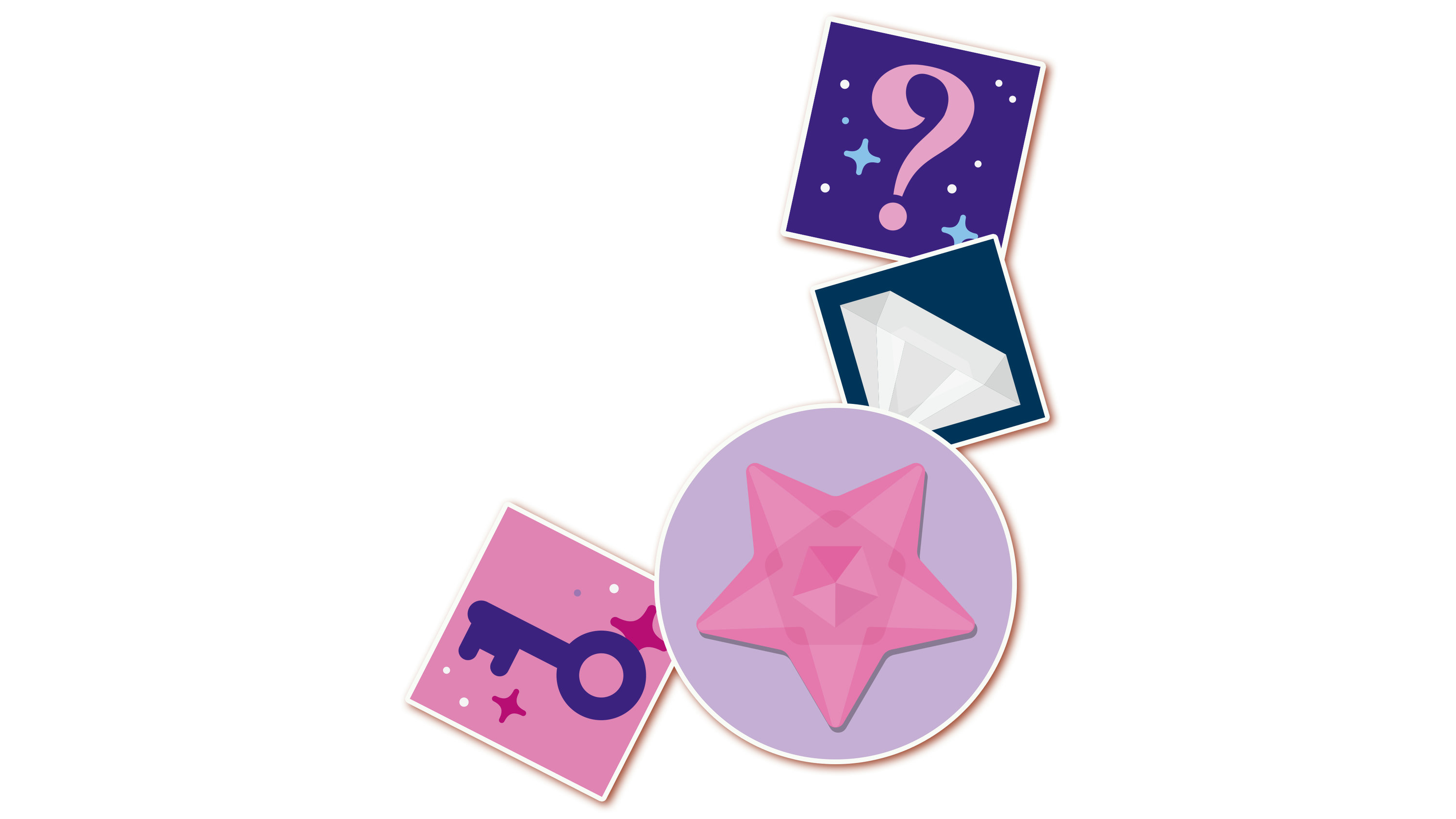 Obraz przedstawia klucz, znak zapytania, gwiazdę i kształt rombu. Wszystkie kształty znajdują się na kolorowych kwadratach i okręgach.