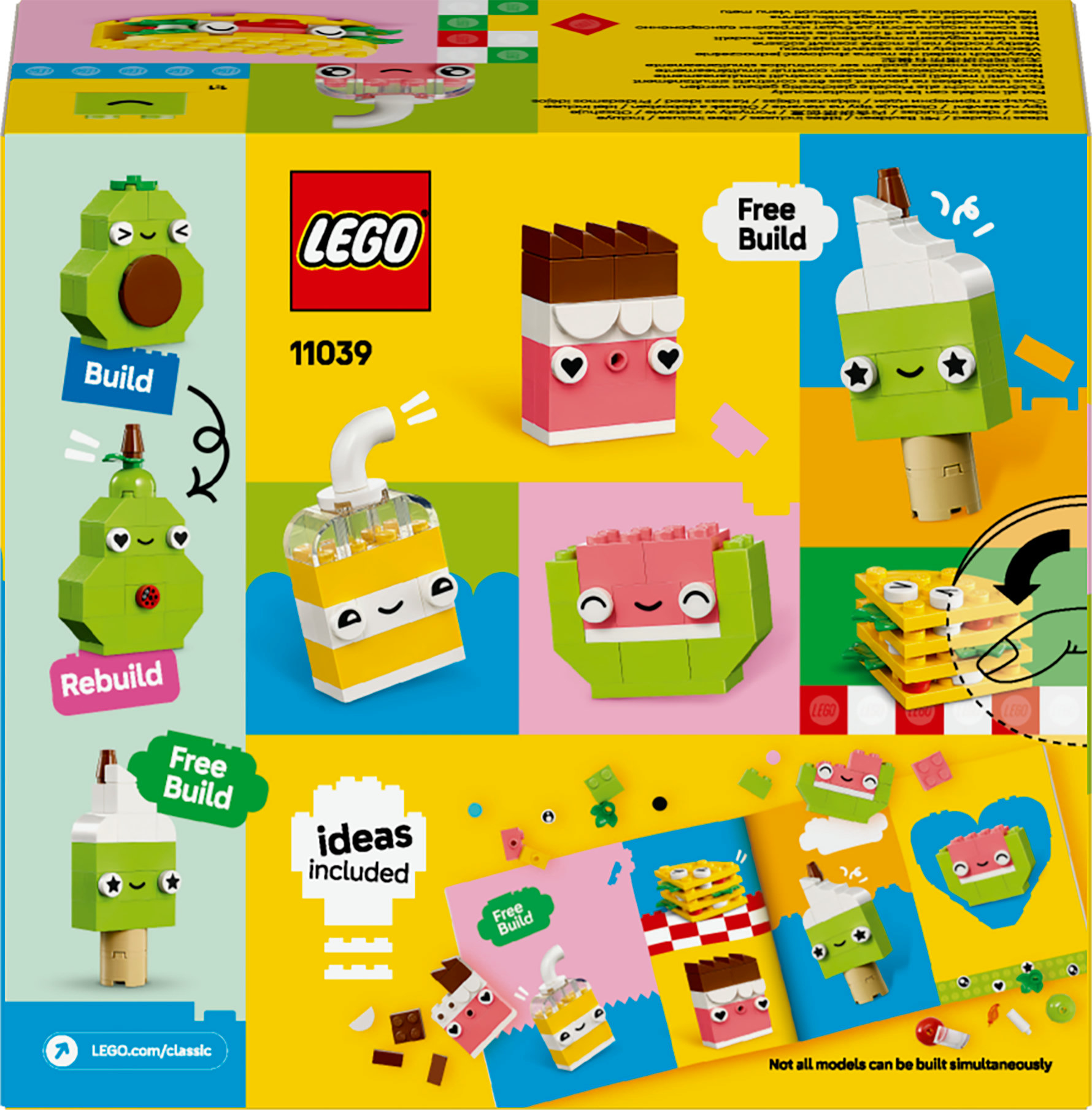 Pudełko Lego z różnymi konstrukcjami: awokado, lody, napój, taco. Logo Lego znajduje się pośrodku.