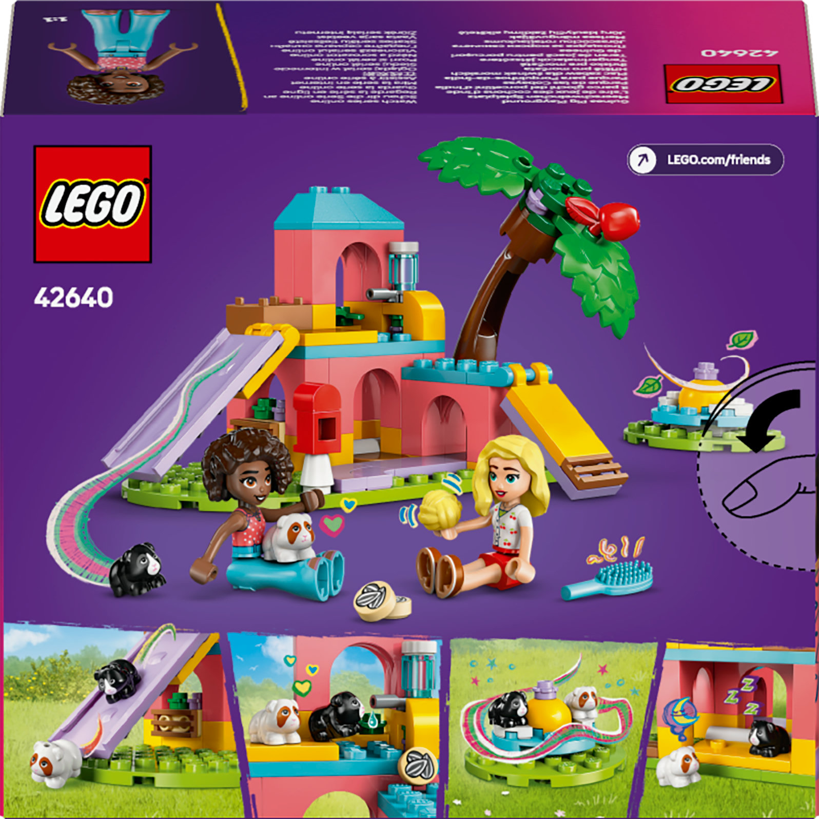 Scatola del set Lego. Include due personaggi Lego, struttura gioco, palma e porcellini d'India su sfondo viola.