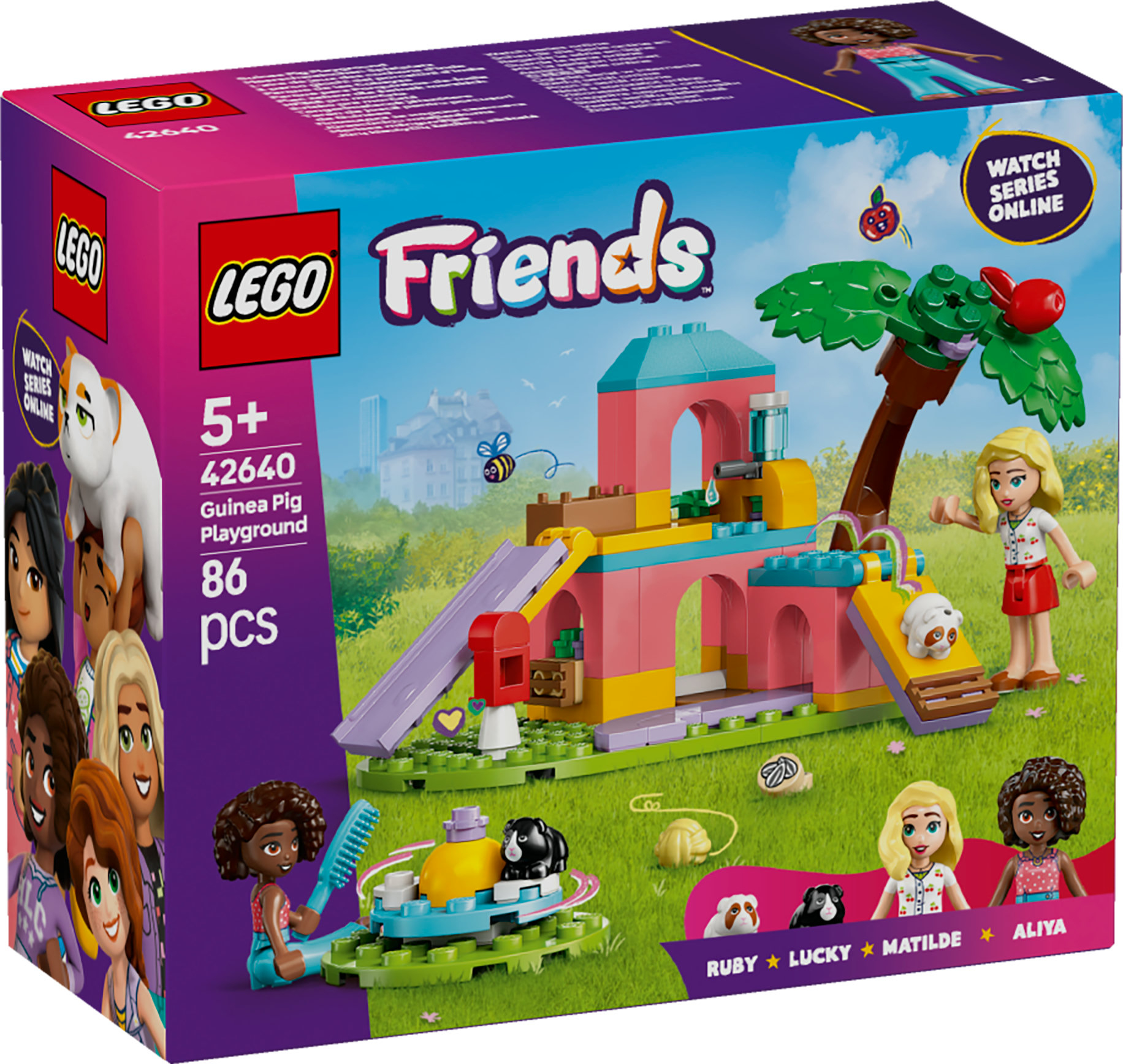 Scatola del set di gioco Lego Friends. Mostra un parco giochi per porcellini d'India. Include minifigure e figure di porcellini d'India. Colori rosa, giallo e blu.