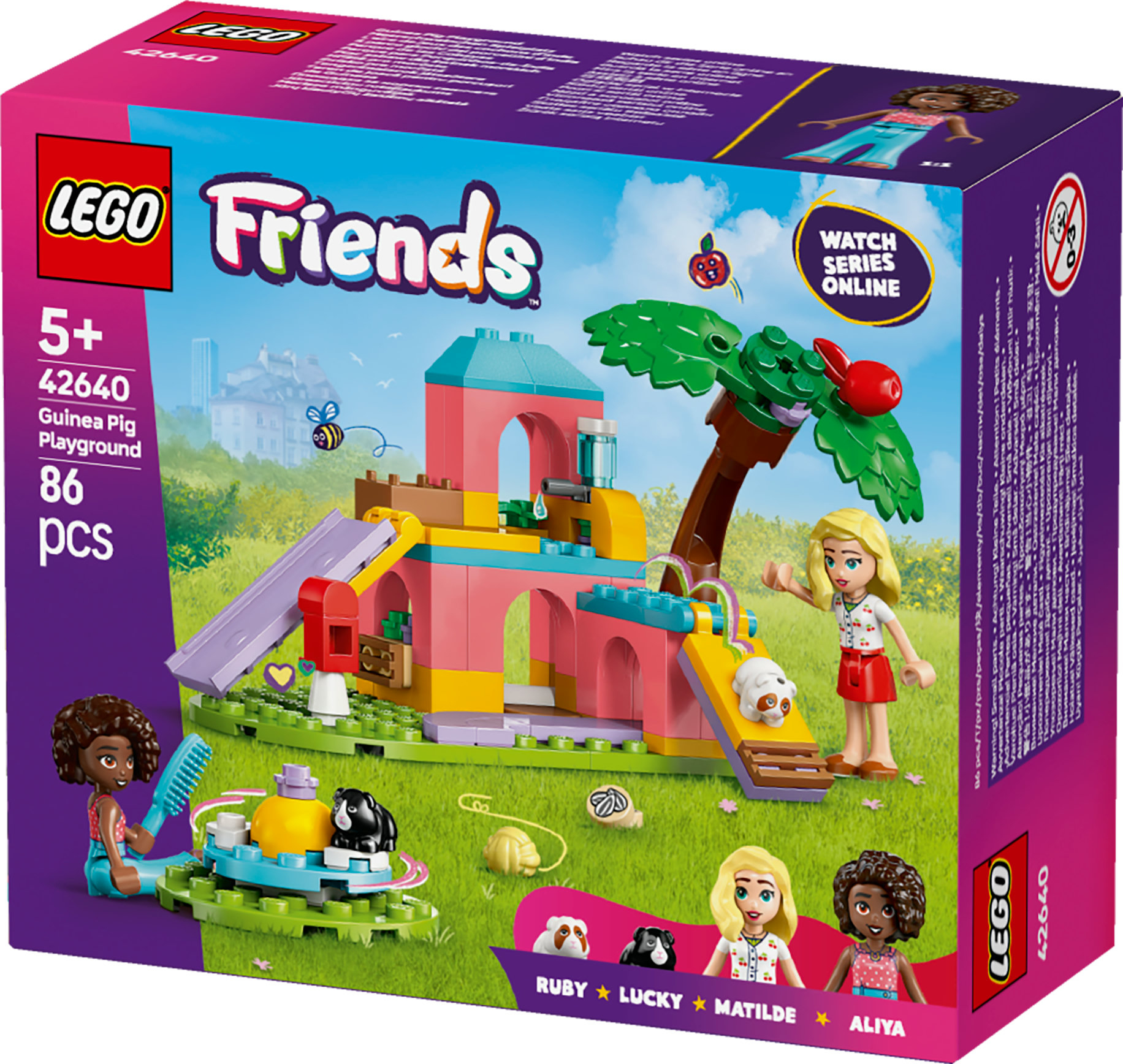 Scatola Lego Friends. Parco giochi rosa con scivoli, palma e figure. Parco giochi per porcellini d'India.