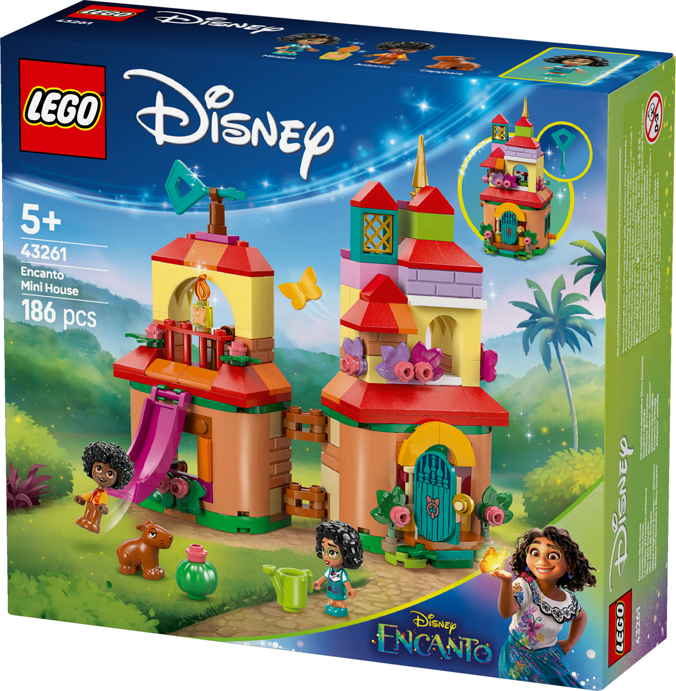 Pudełko Lego Disney Encanto. Przedstawia kolorowy mini domek z kilkoma figurkami Lego i logo Encanto.