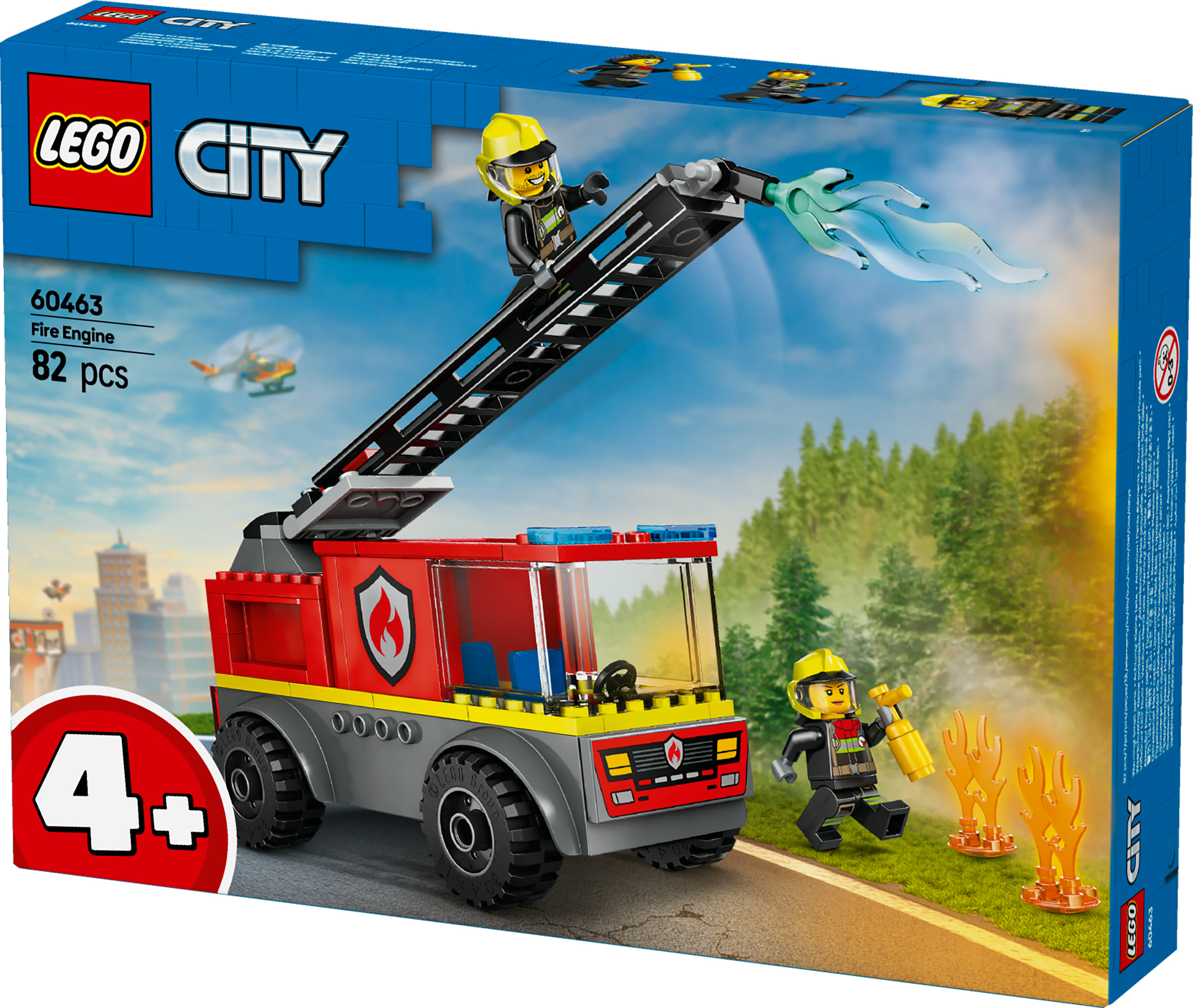 Lego City itfaiye aracı kutusu. Merdivenli kırmızı bir itfaiye aracı ve iki itfaiyeci gösterir. Yerde alevler var.